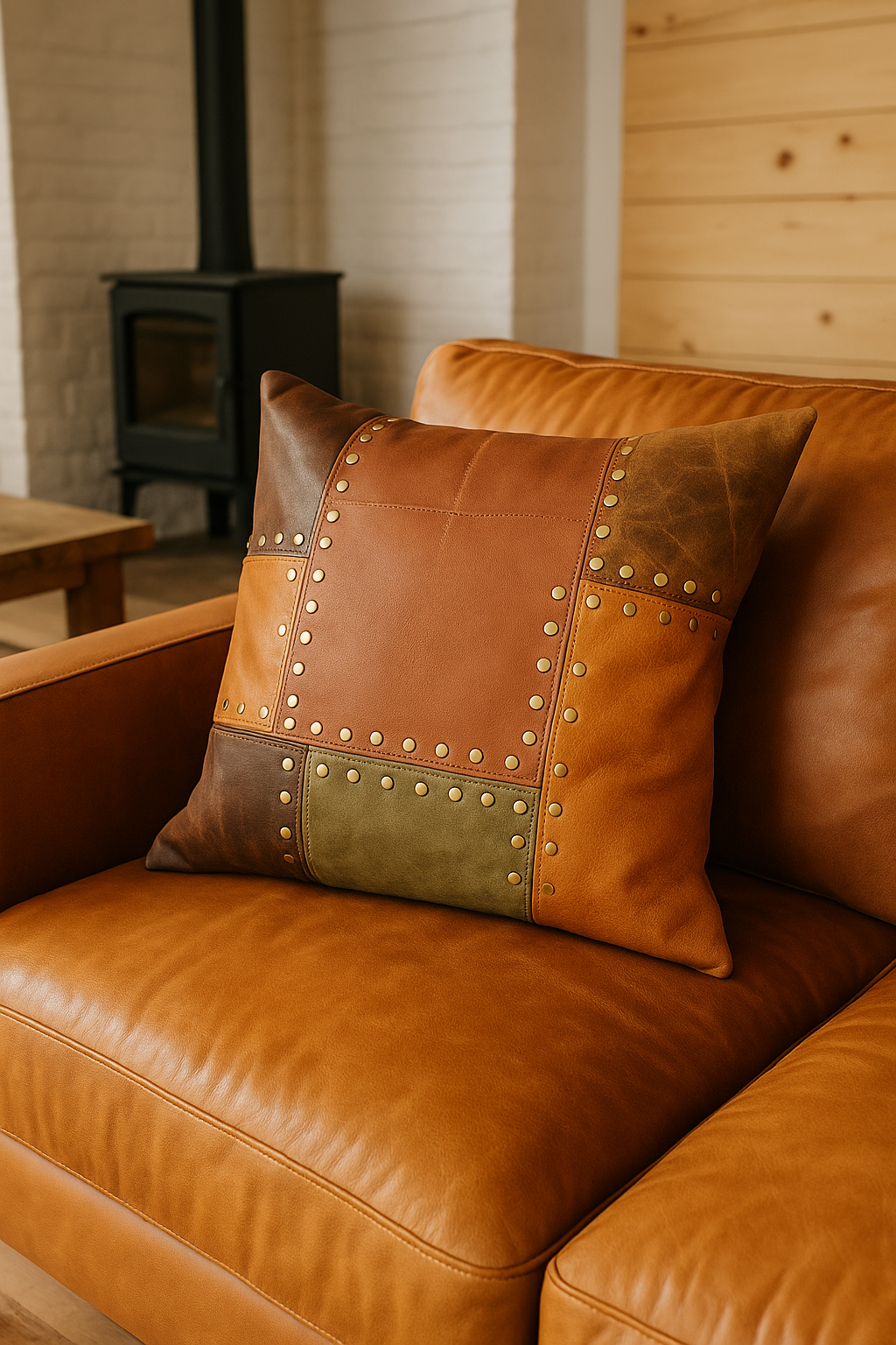 Artisan Leather Patchwork Cushion Cover - Rustic & Boho Style