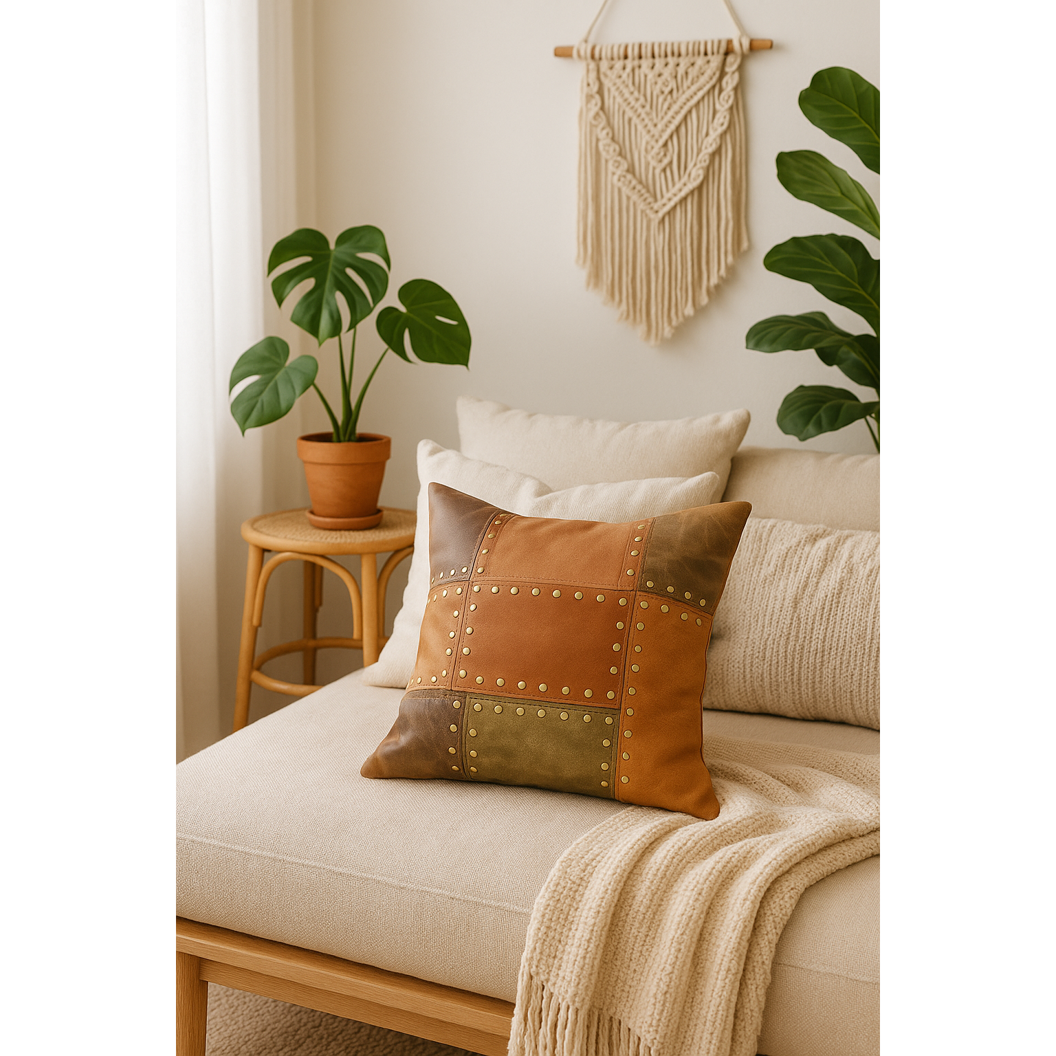 Artisan Leather Patchwork Cushion Cover - Rustic & Boho Style