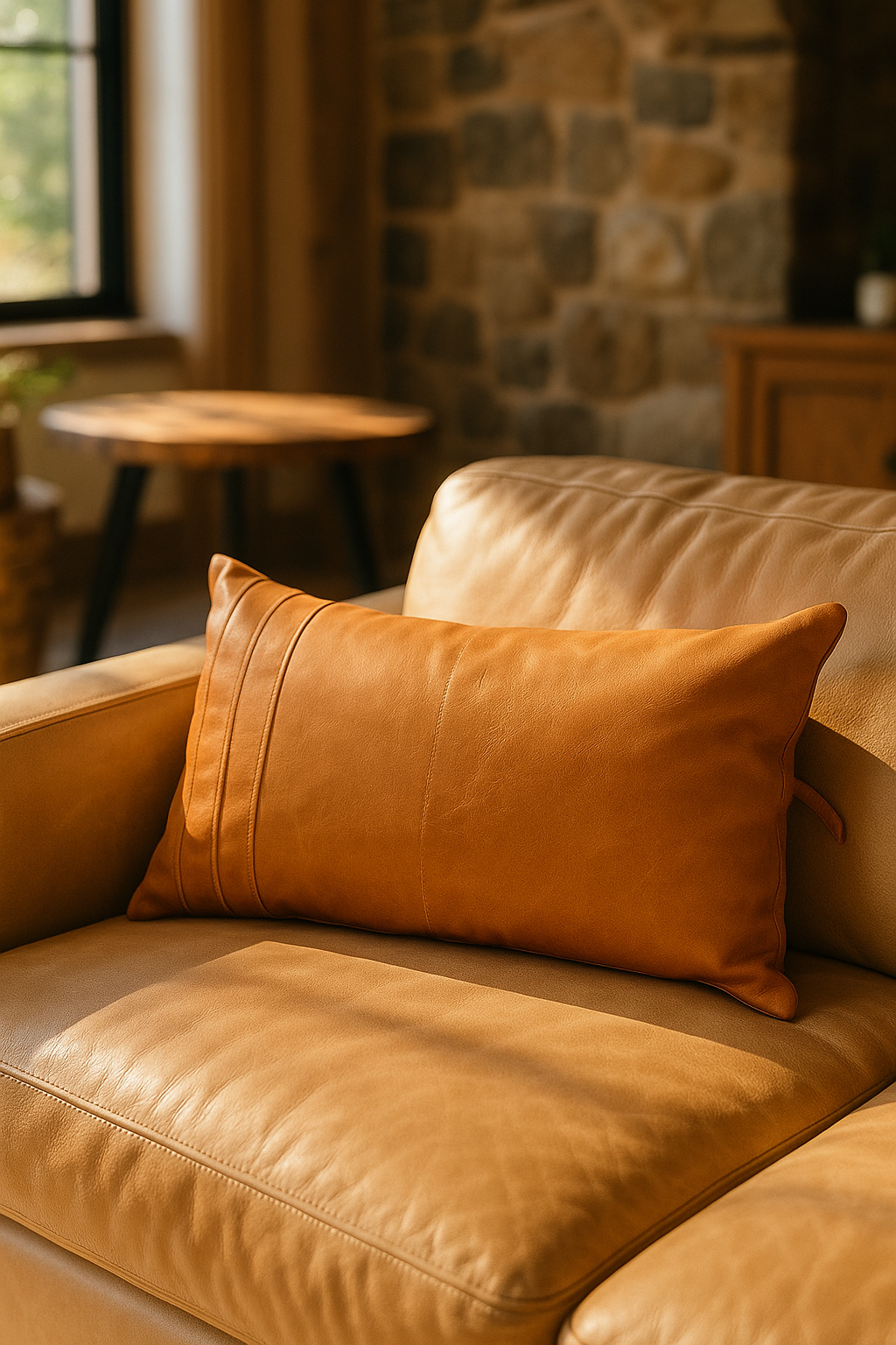 Boho Tan Leather Cushion - Handcrafted Lumbar Accent Pillow