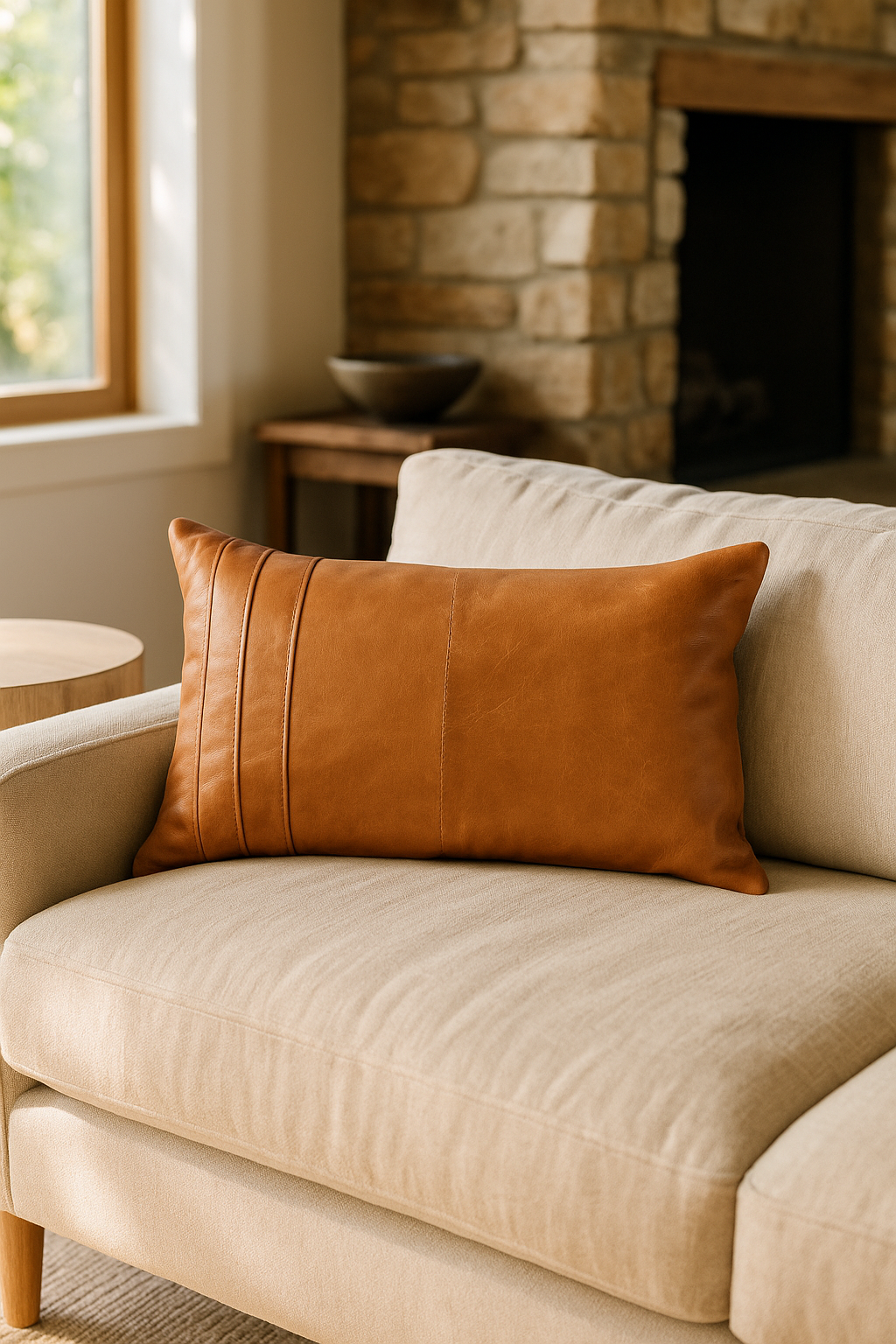 Boho Tan Leather Cushion - Handcrafted Lumbar Accent Pillow