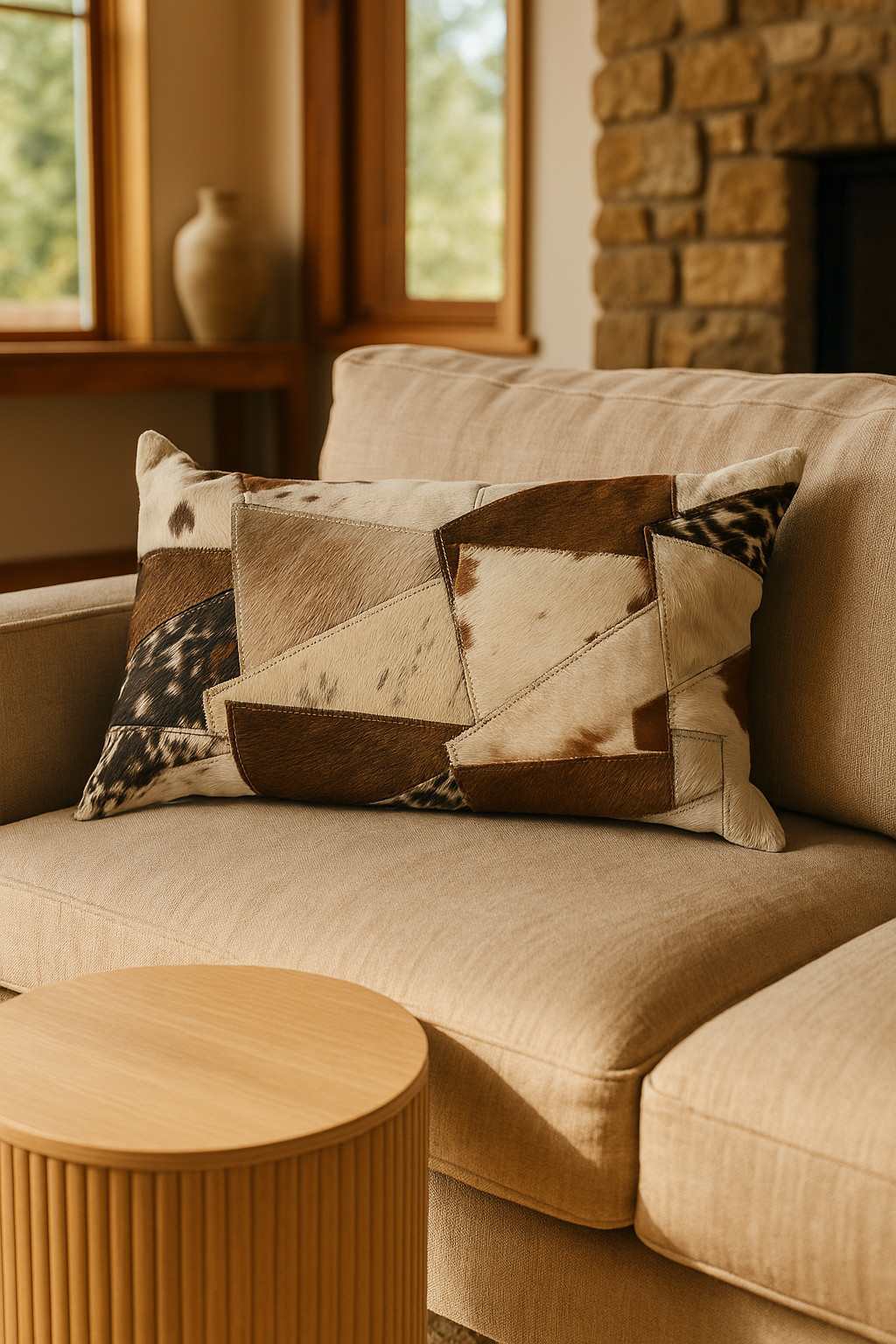 Lumbar Patchwork Cowhide Leather Cushion - Rustic Luxe