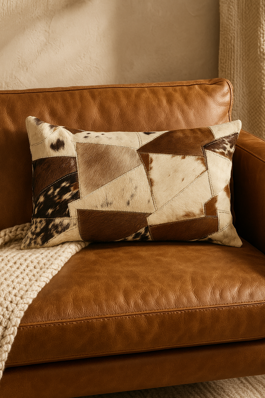 Lumbar Patchwork Cowhide Leather Cushion - Rustic Luxe