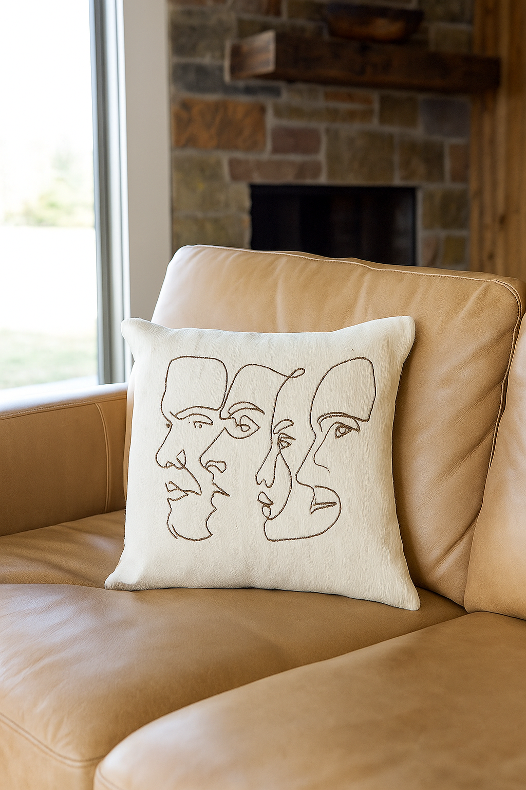 Handmade Cowhide Cushion Cover - Abstract Face Design