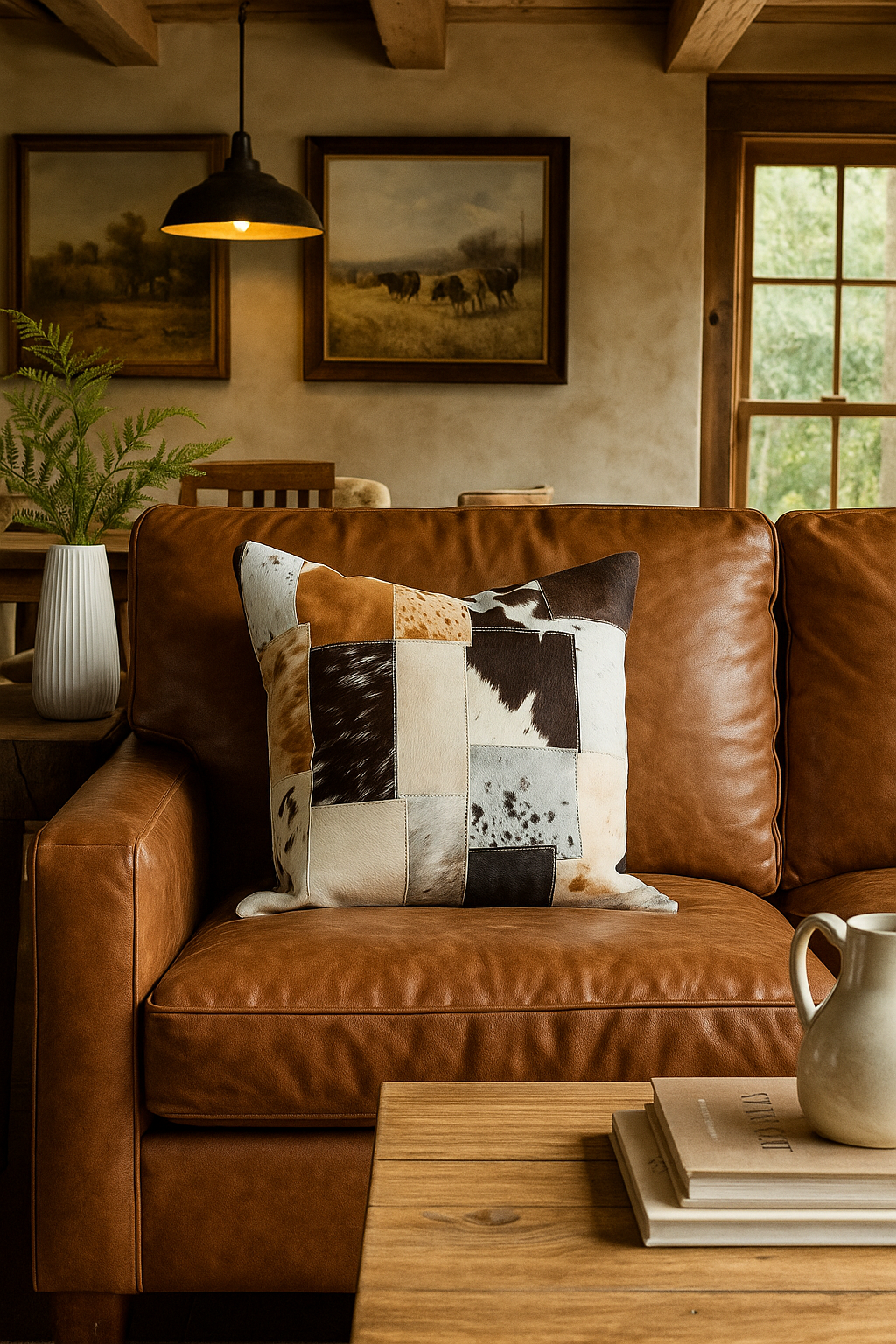 Patchwork Cowhide Leather Cushion Cover - Handmade 45x45