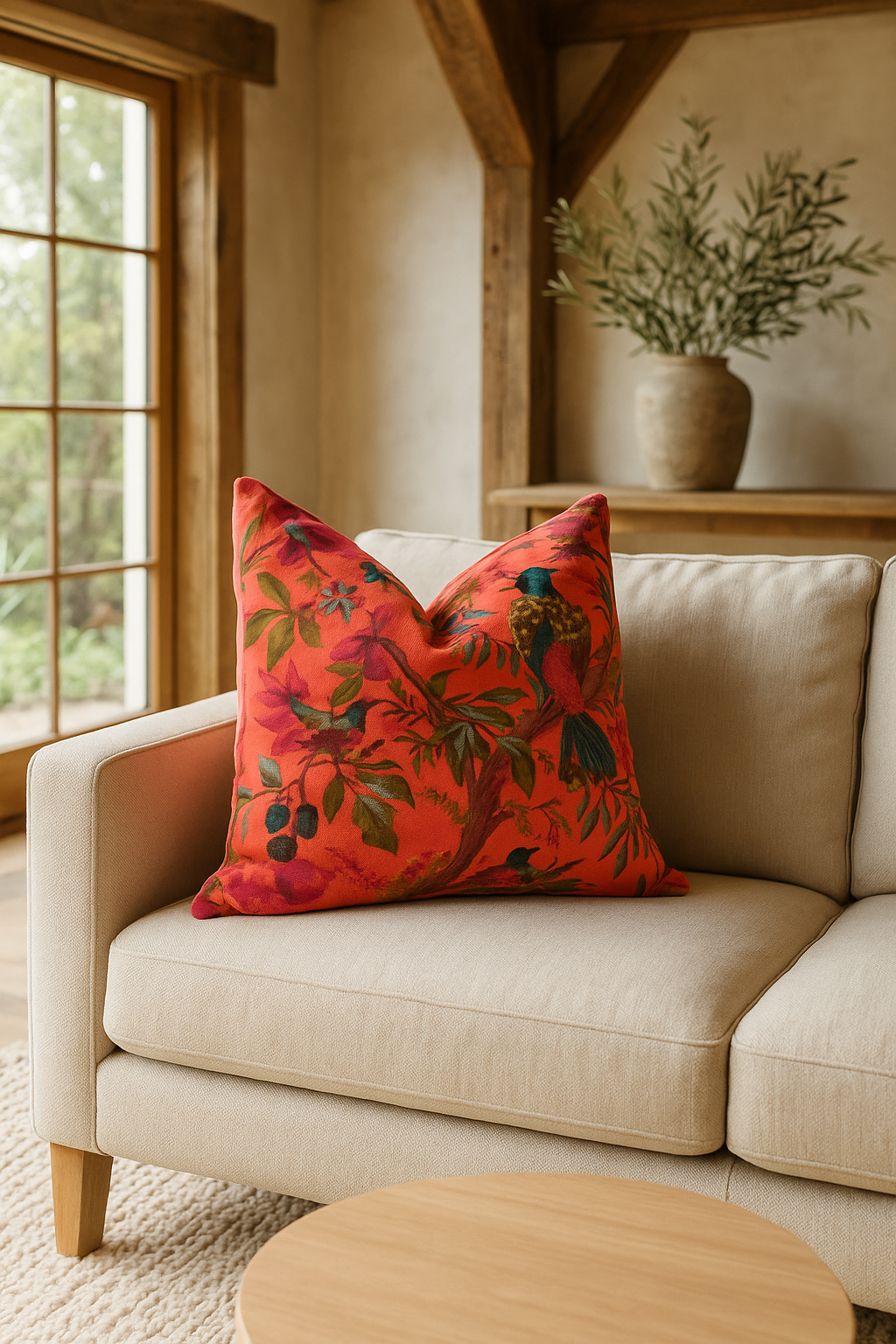 Bird & Floral Velvet Cushion - Orange Boho Luxe Throw Pillow