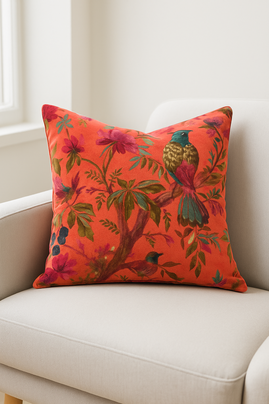 Bird & Floral Velvet Cushion - Orange Boho Luxe Throw Pillow