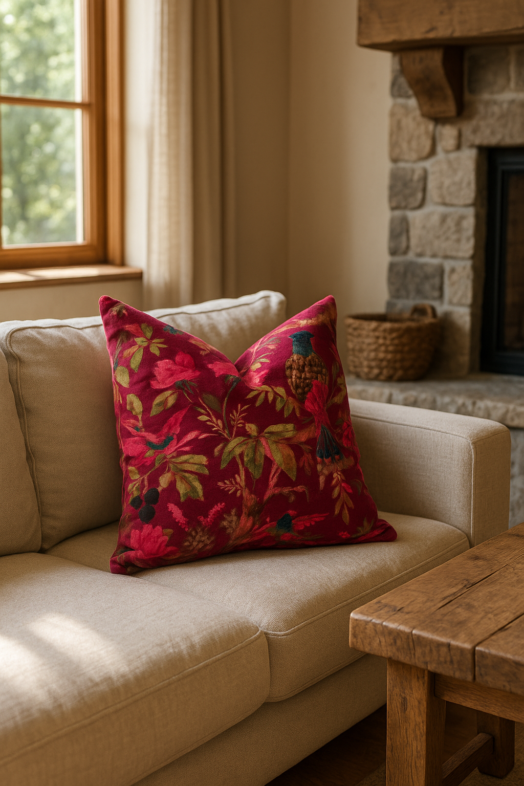 Artisan Maroon Velvet Cowhide Cushion - Bohemian Bird Motif Pillow