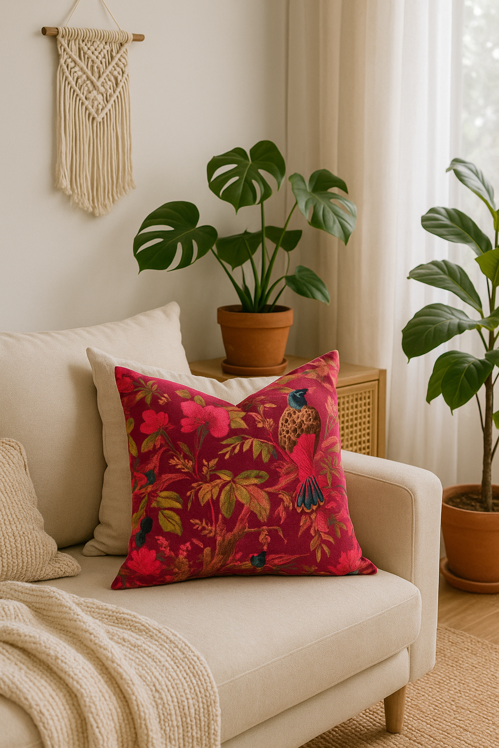 Artisan Maroon Velvet Cowhide Cushion - Bohemian Bird Motif Pillow