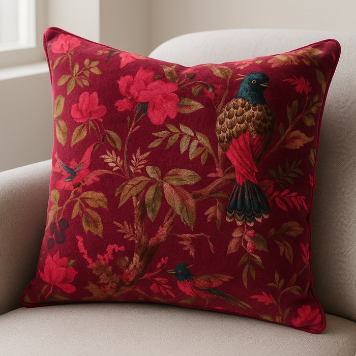 Artisan Maroon Velvet Cowhide Cushion - Bohemian Bird Motif Pillow
