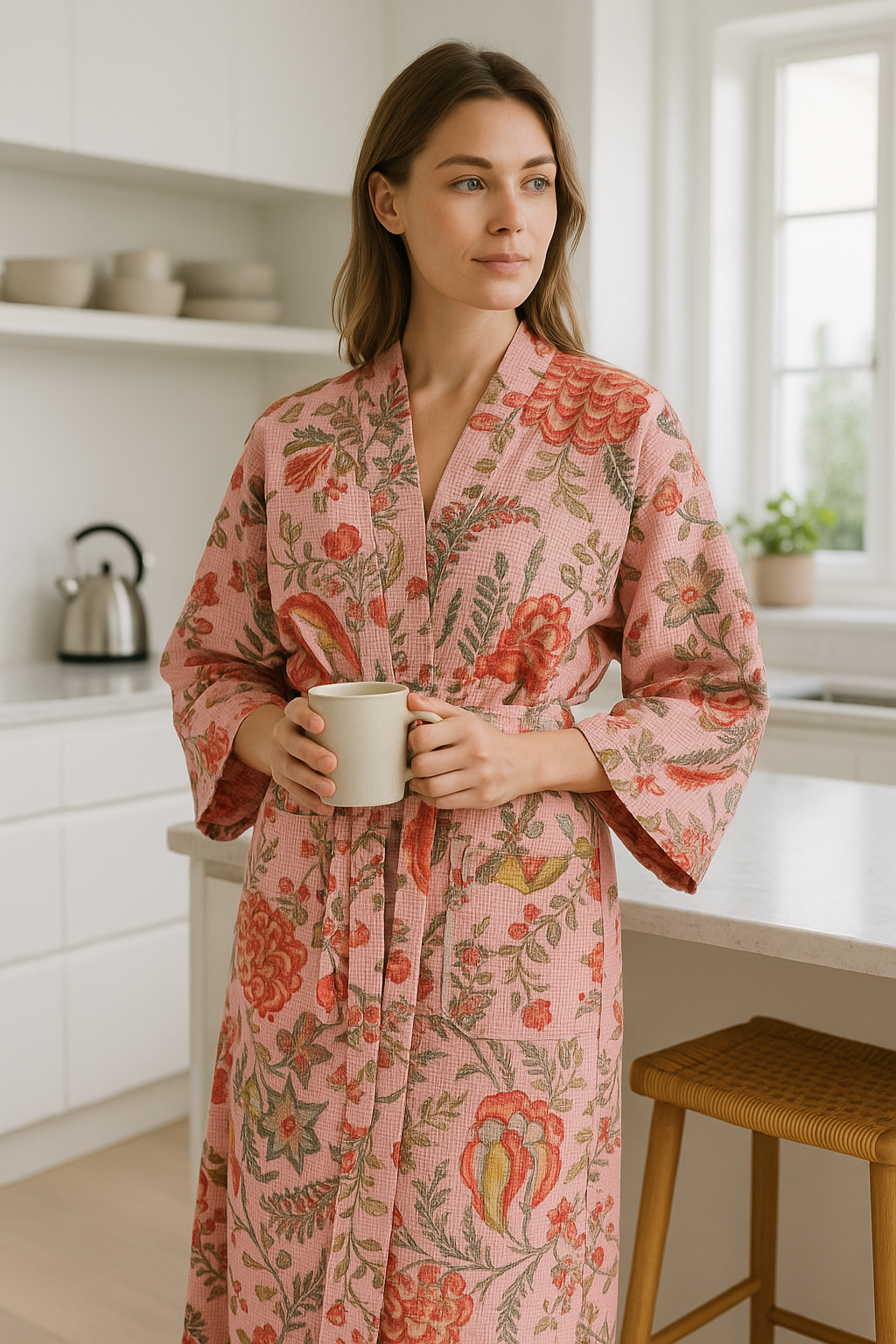 Pink Waffle Cotton Kimono Robe - Hand Block Floral Print