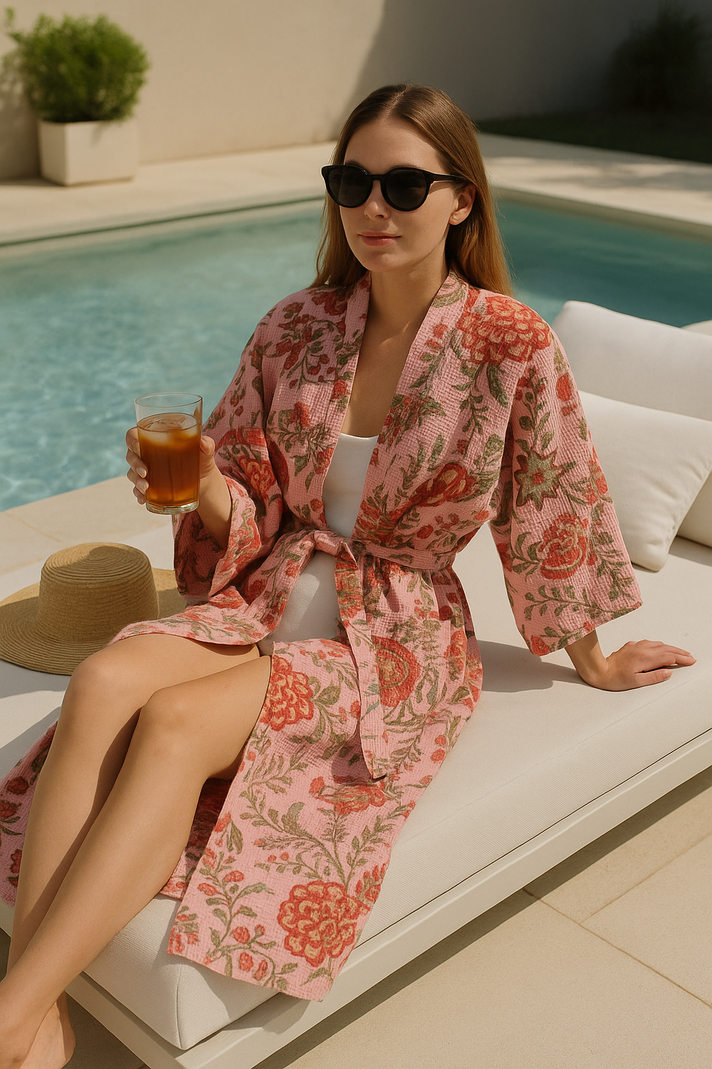 Pink Waffle Cotton Kimono Robe - Hand Block Floral Print