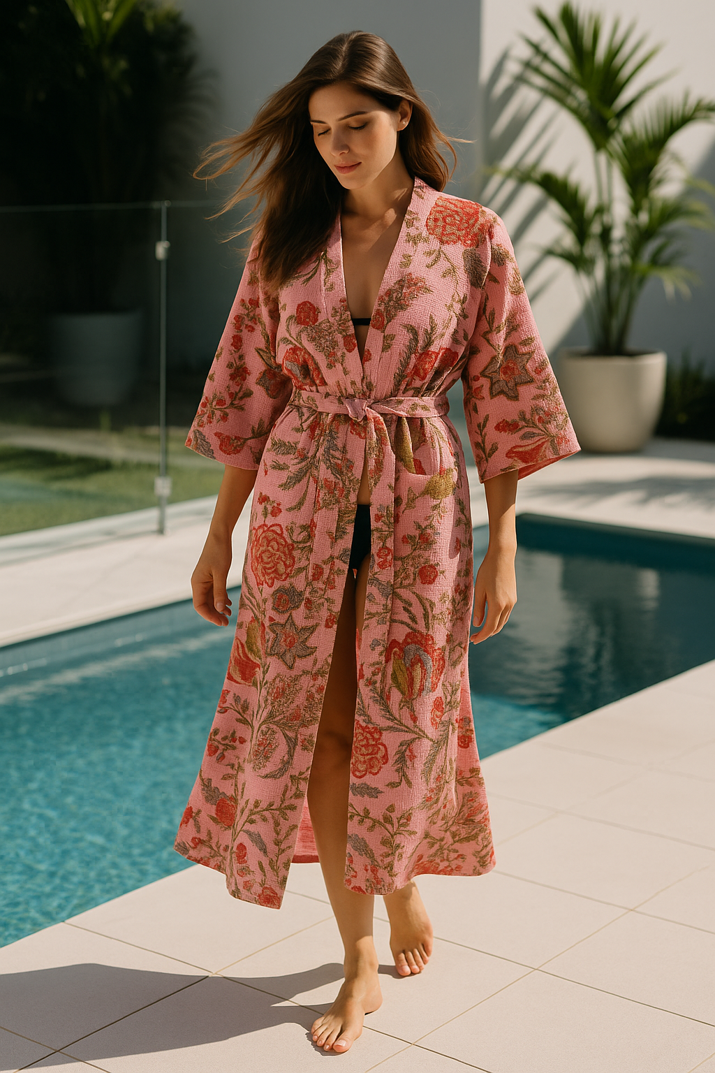 Pink Waffle Cotton Kimono Robe - Hand Block Floral Print
