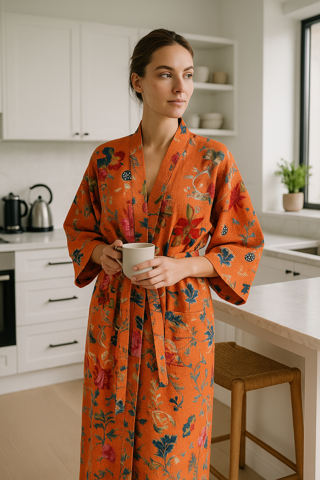 Terracotta Waffle Cotton Kimono Robe - Floral Block Print