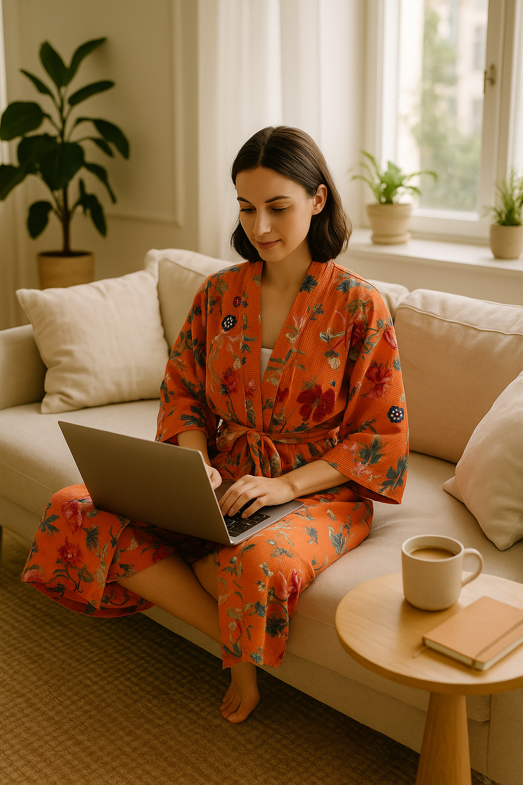 Terracotta Waffle Cotton Kimono Robe - Floral Block Print