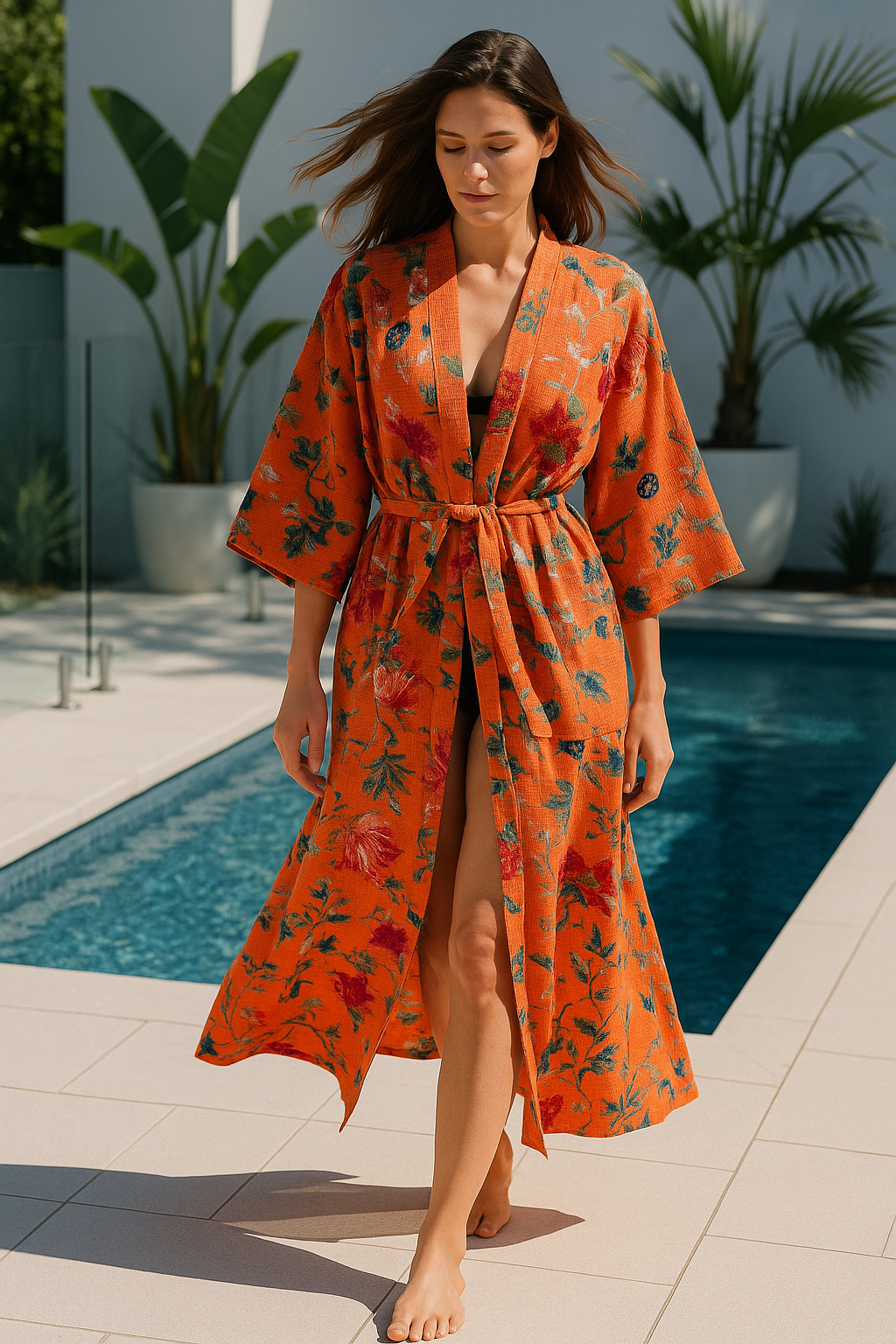 Terracotta Waffle Cotton Kimono Robe - Floral Block Print