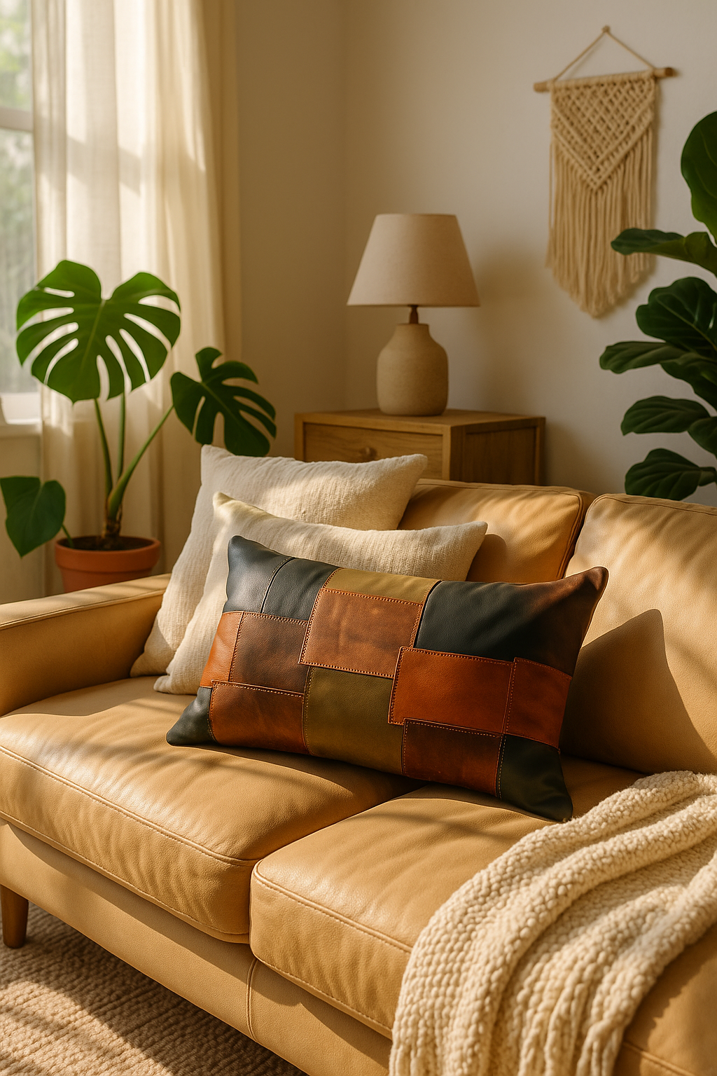 Rustic boho farmhouse style leather lumbar cushion - earth-toned patchwork pillow