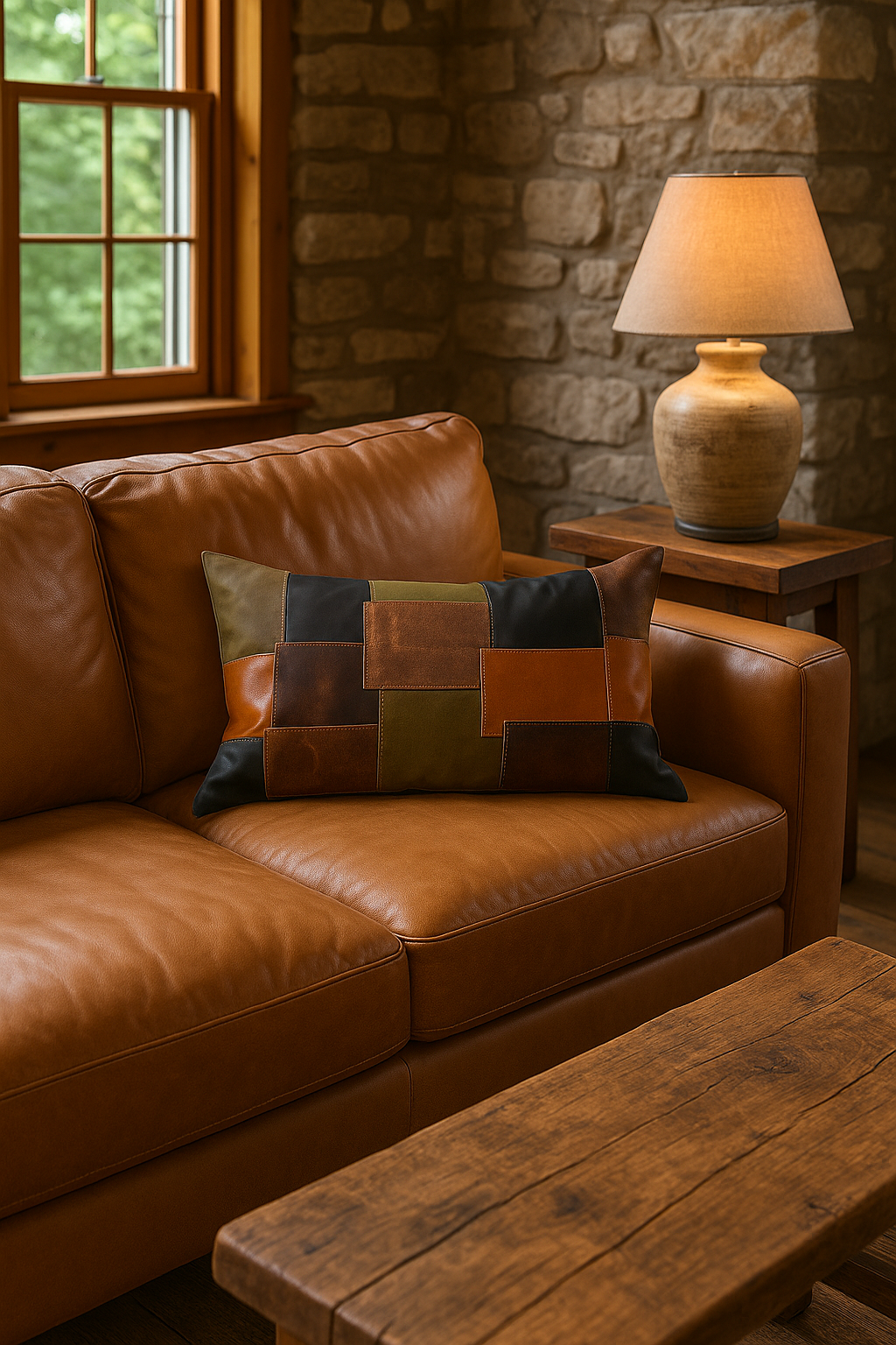 Close-up of Boho-Eclectica patchwork leather lumbar cushion showing texture and stitching