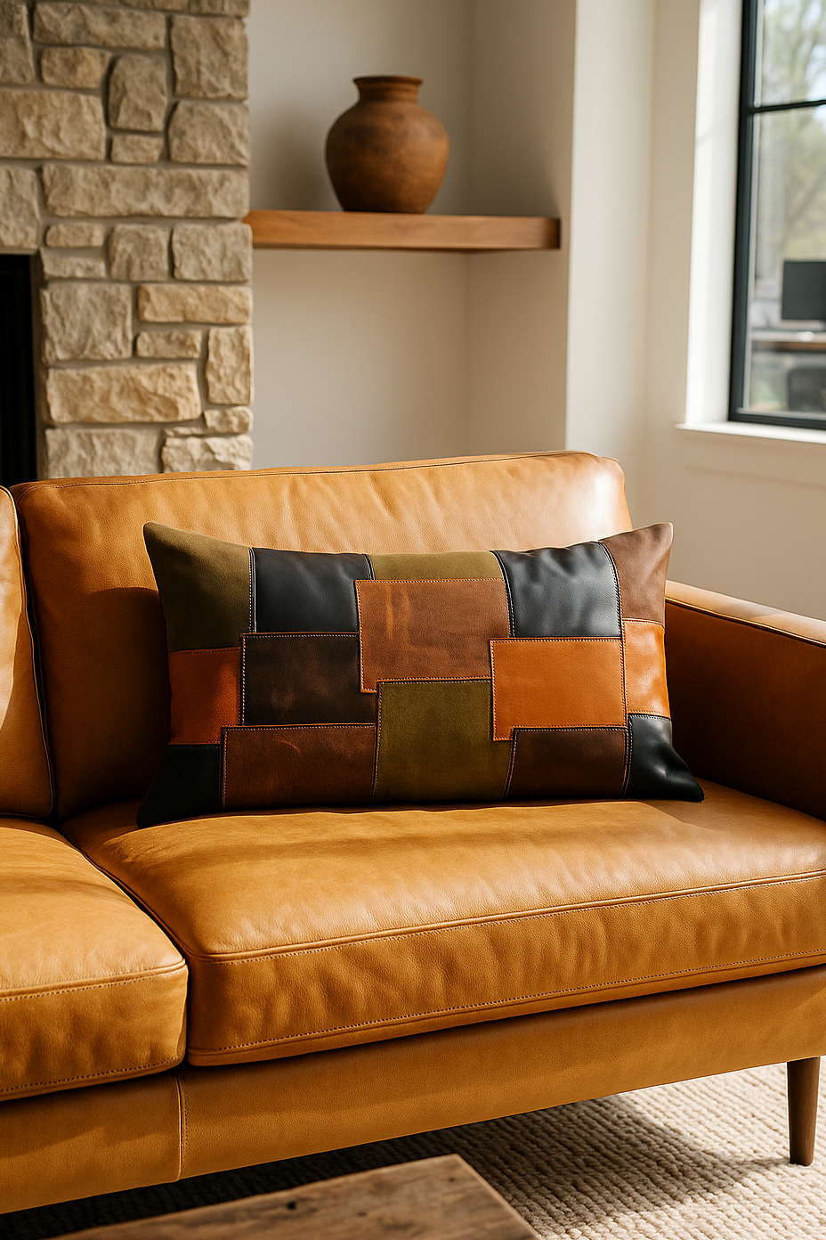 Boho-Eclectica earth-toned patchwork leather lumbar cushion - rustic accent pillow on sofa