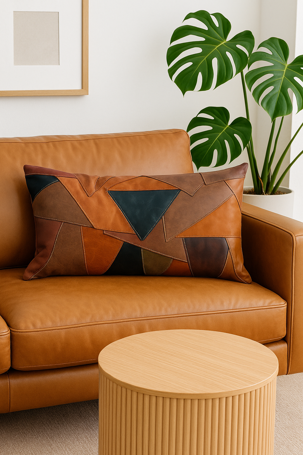 Rustic Modern Geometric Patchwork Leather Lumbar Cushion