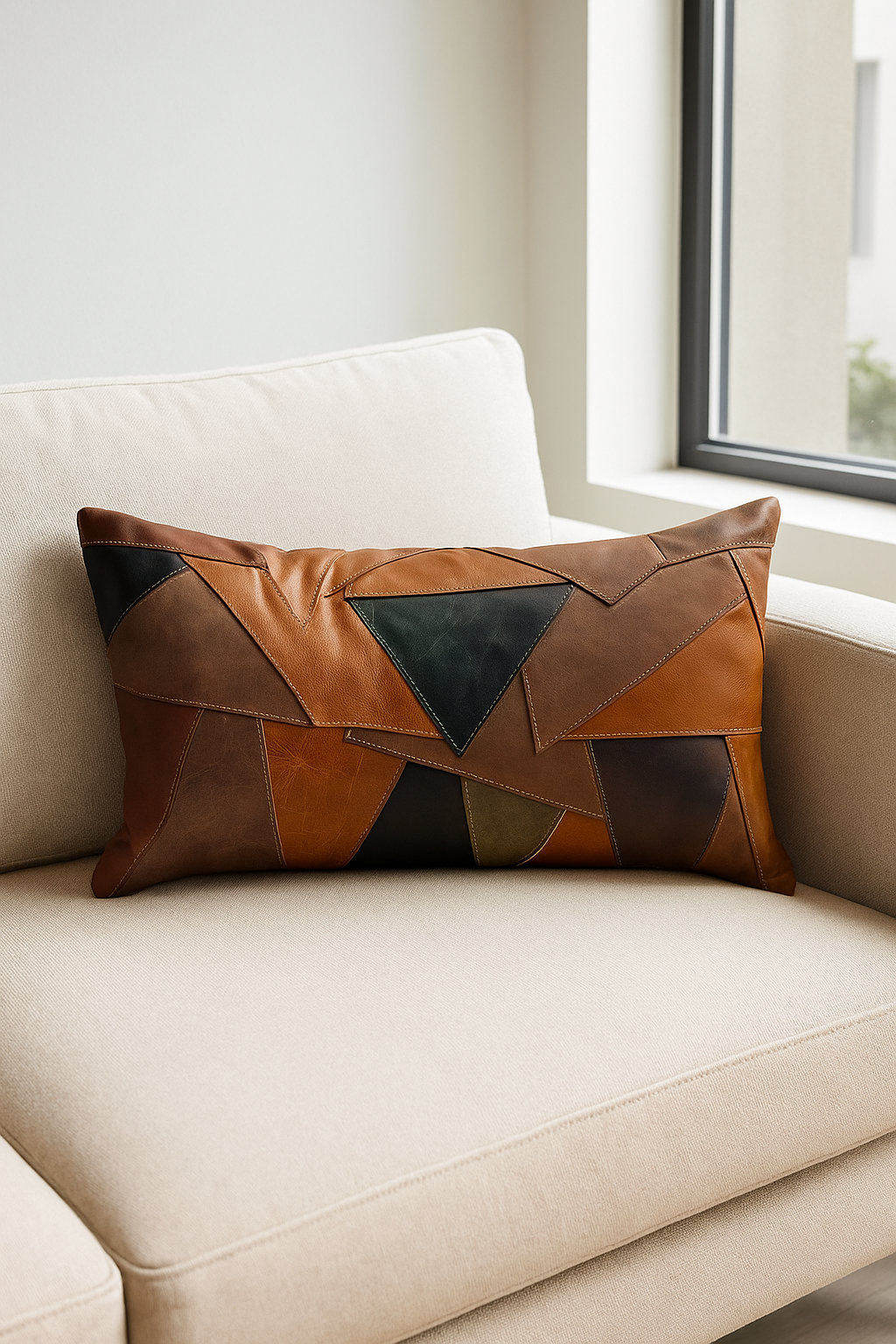 Rustic Modern Geometric Patchwork Leather Lumbar Cushion