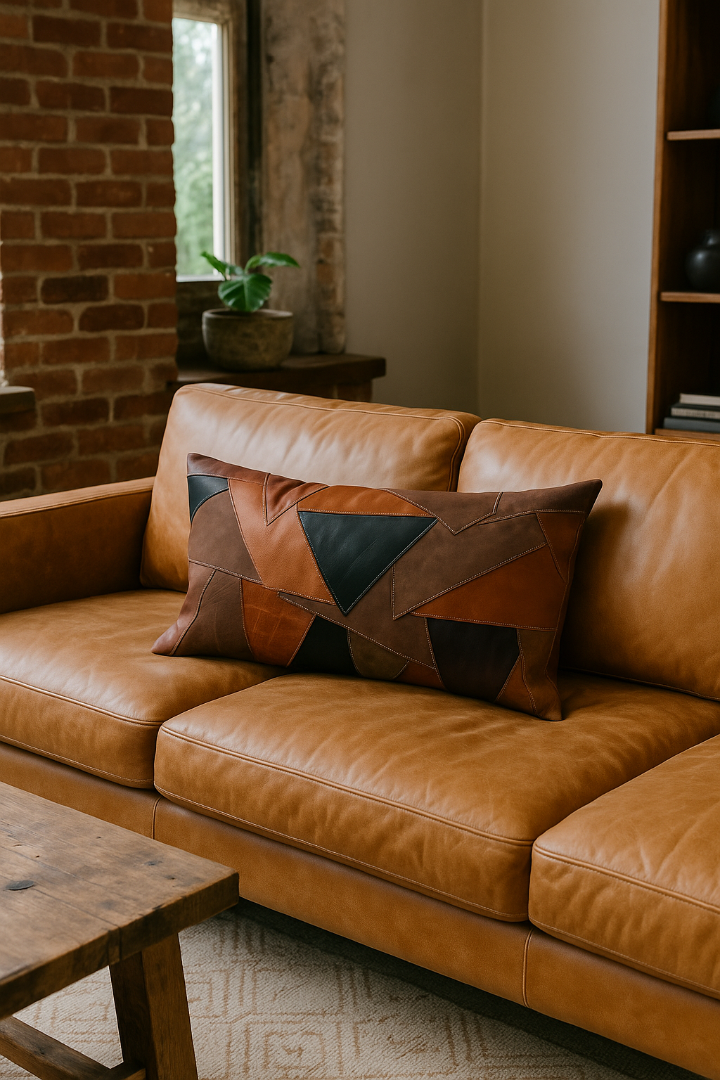 Rustic Modern Geometric Patchwork Leather Lumbar Cushion