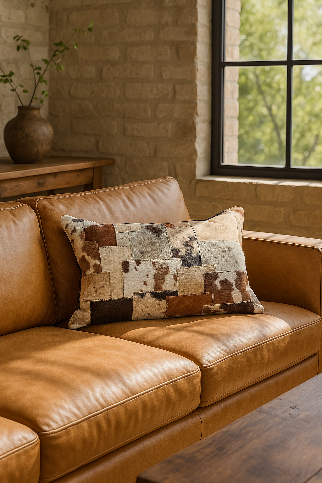 Close-up of Outback patchwork cowhide lumbar cushion showing leather texture and stitching