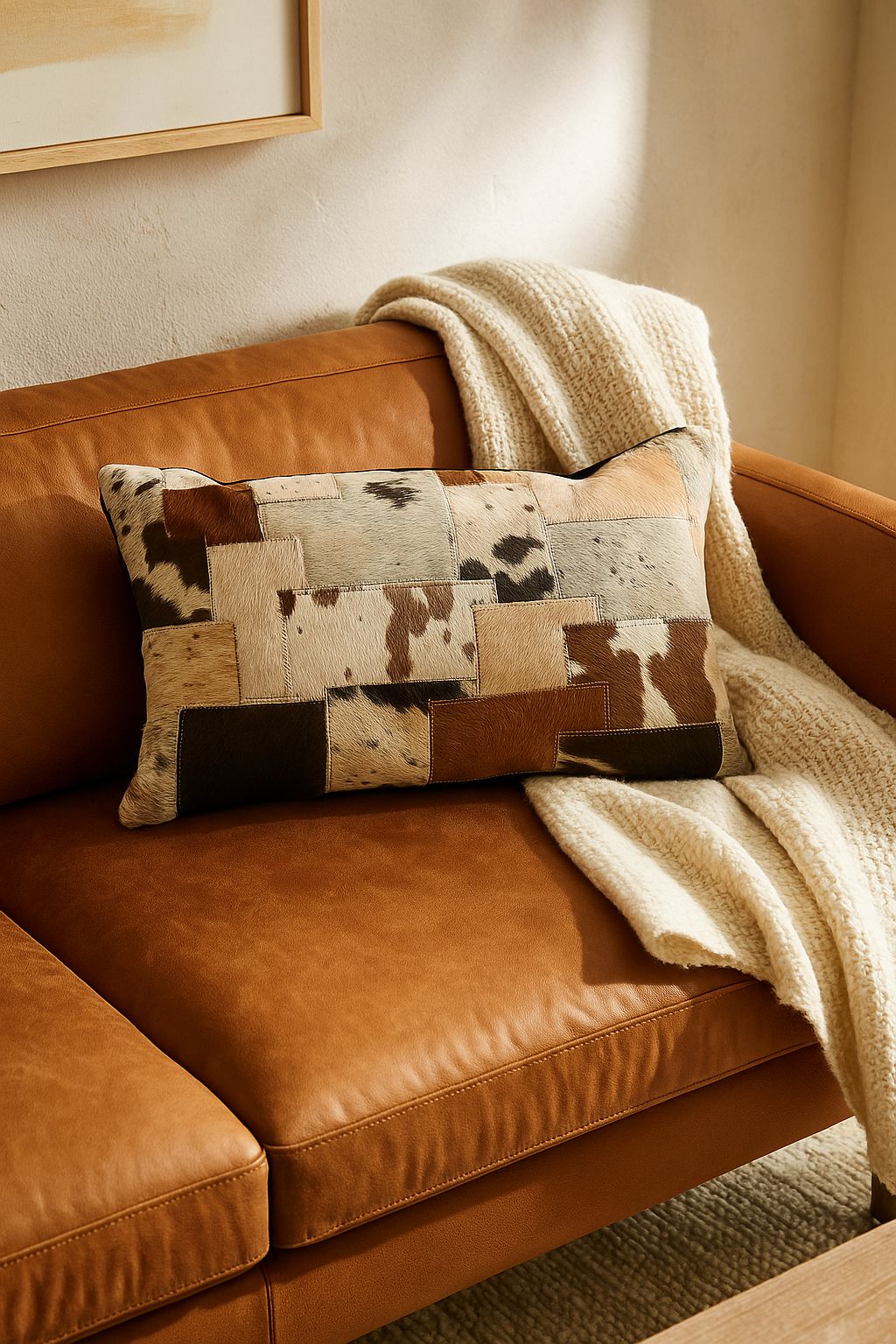 Boho-Eclectica Outback patchwork cowhide lumbar cushion - rustic leather accent pillow on sofa