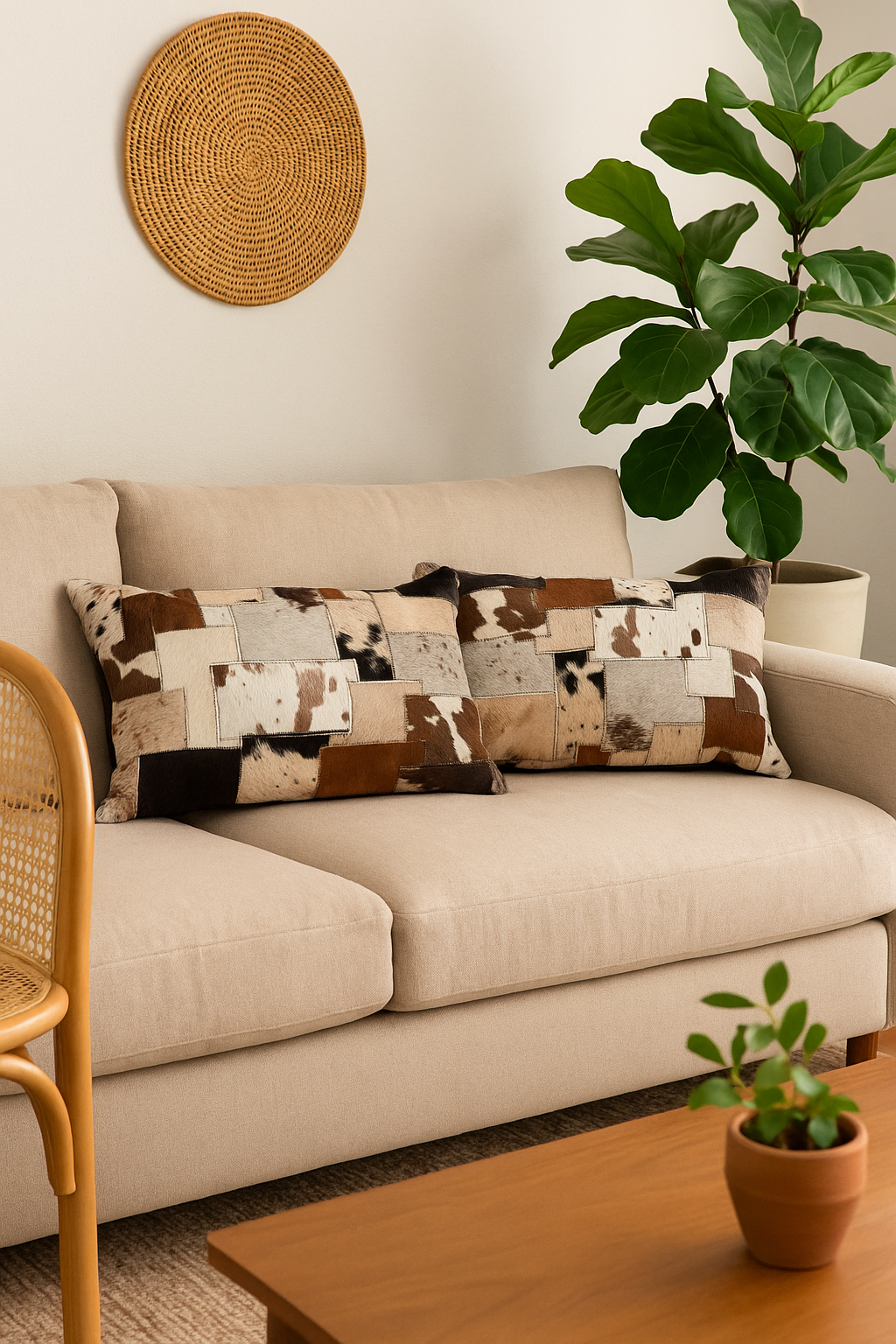 Handmade cowhide patchwork lumbar cushion - earth-tone boho rustic leather pillow