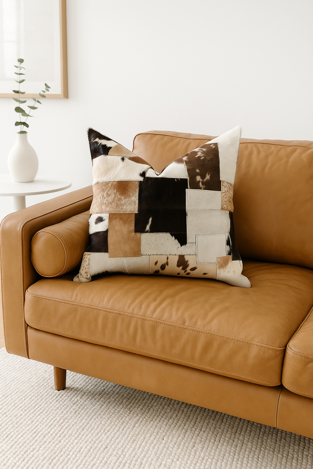 Rustic farmhouse style leather patchwork cushion - 60x60cm heritage pillow
