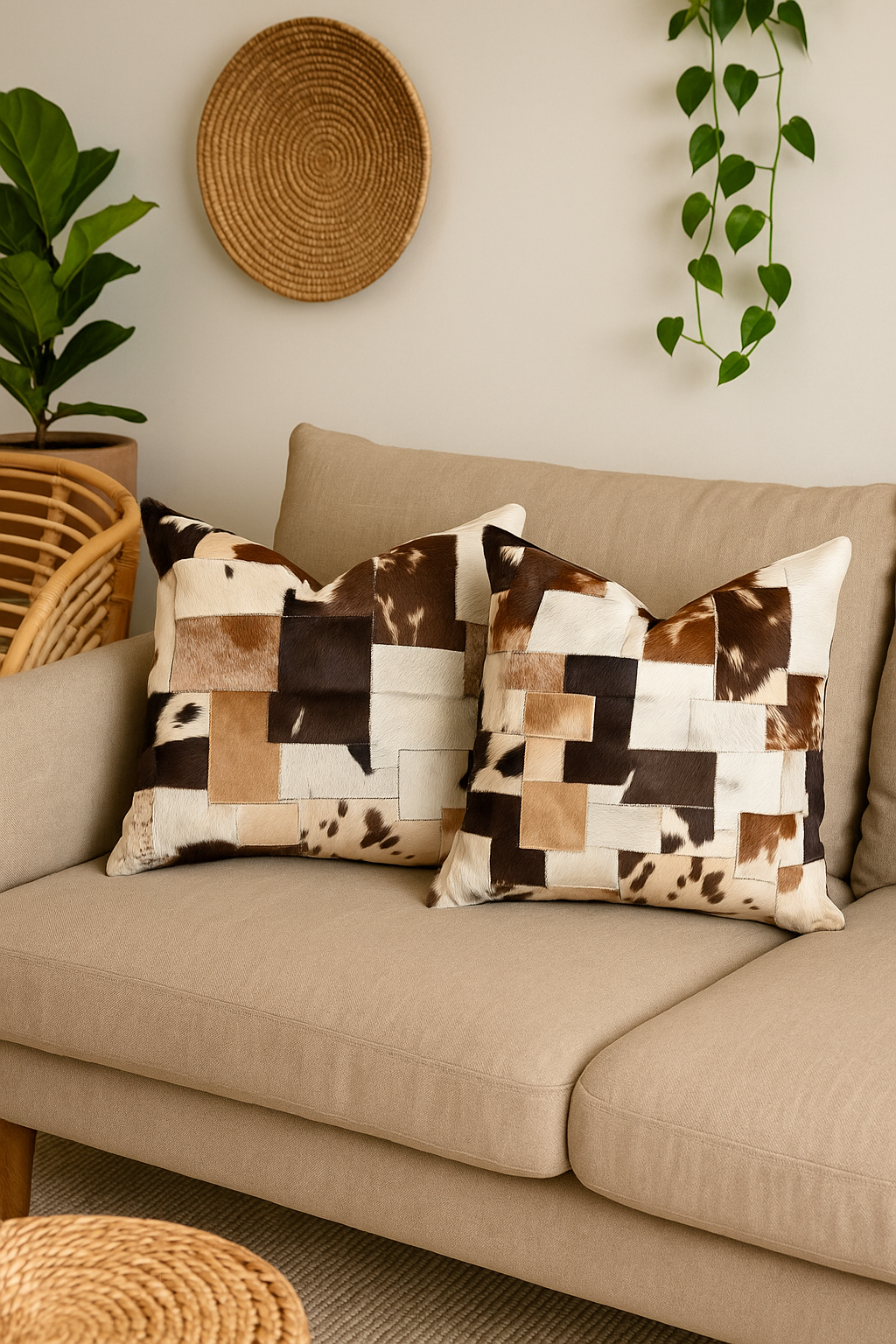 Close-up of Boho-Eclectica cowhide patchwork cushion showing leather texture and stitching