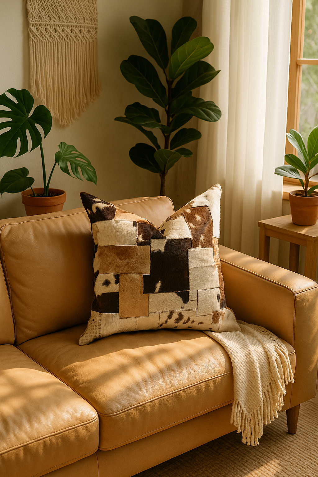 Handmade cowhide patchwork cushion - boho rustic heritage pillow for sofa or bed