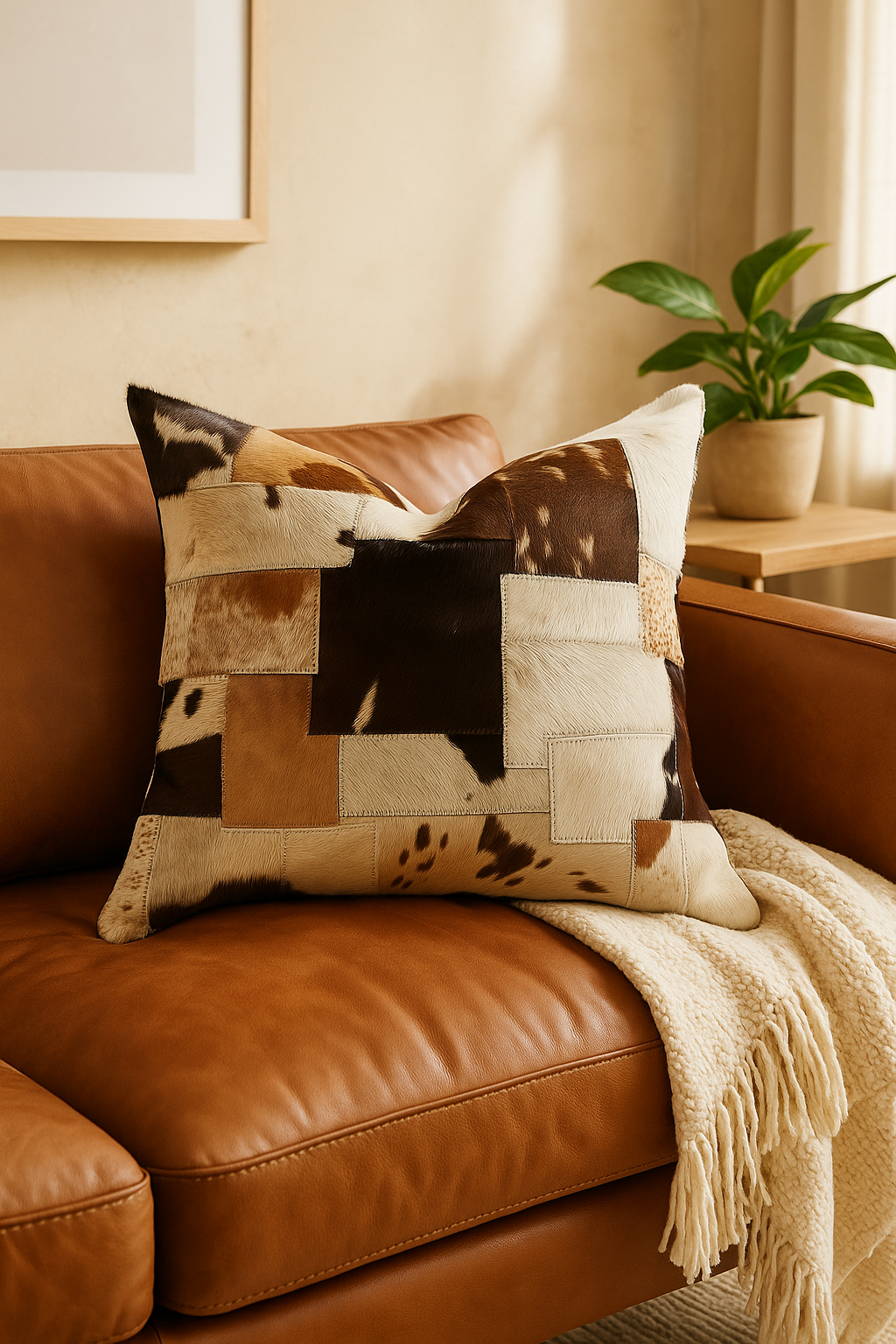 Heritage cowhide patchwork cushion styled on sofa - handmade rustic leather pillow