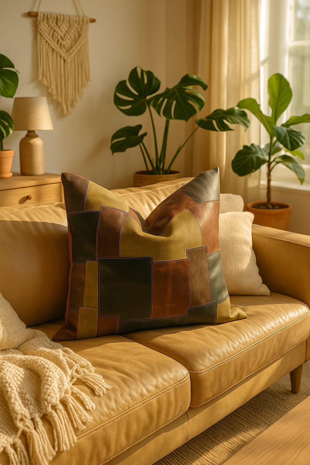Rustic brown and tan leather cushion with stitched square patchwork - 60x60 cm handmade home décor