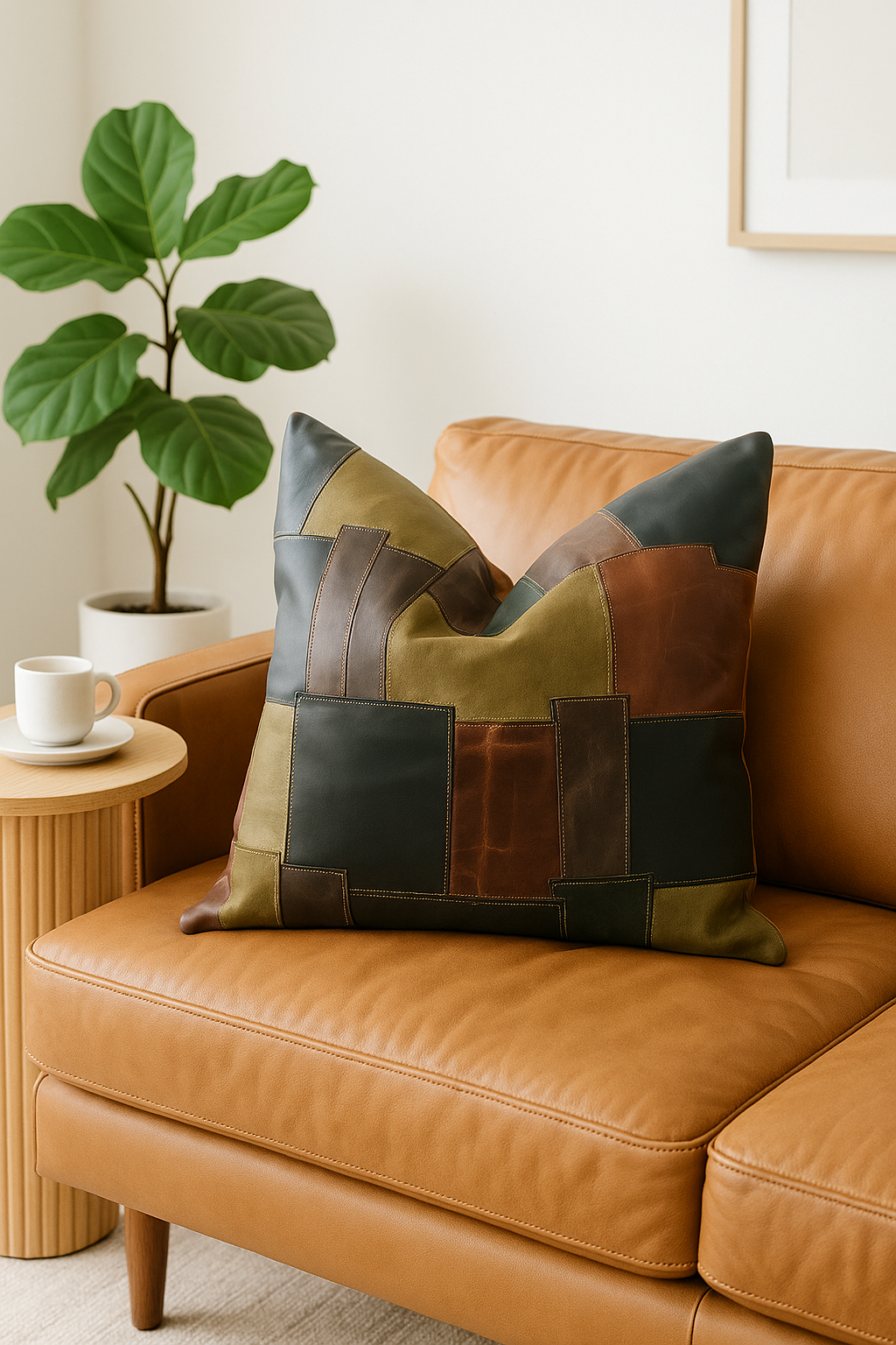 Artisan patchwork leather cushion cover featuring geometric square design - luxury boho décor piece
