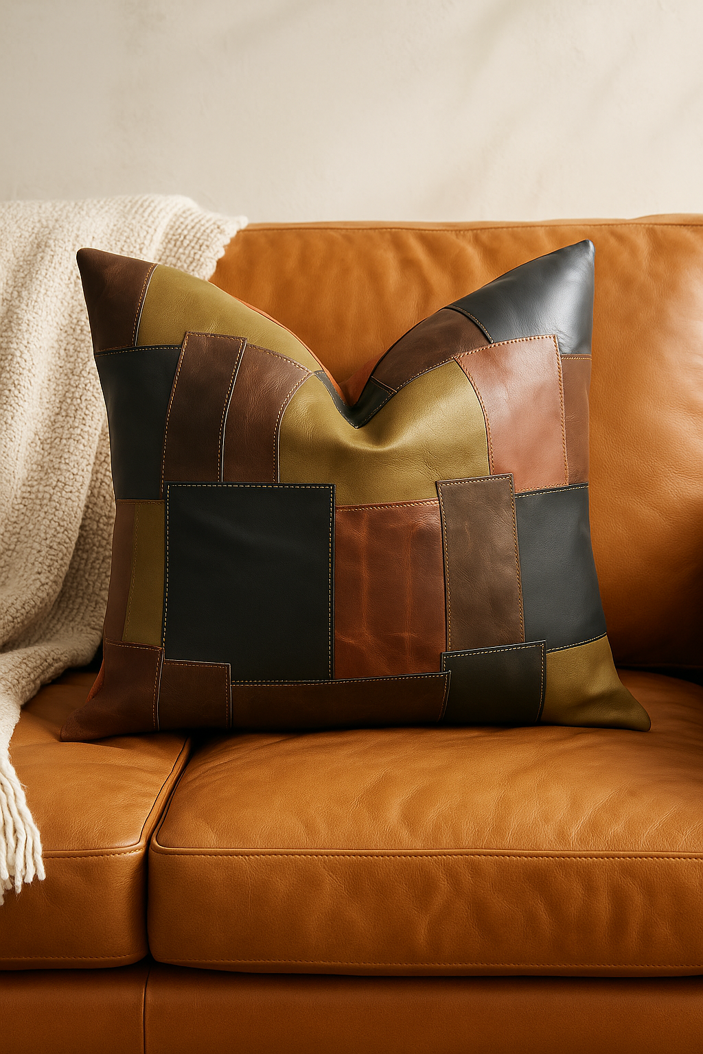 Boho Eclectica Life of Squares cushion cover - genuine leather patchwork pillow for modern interiors