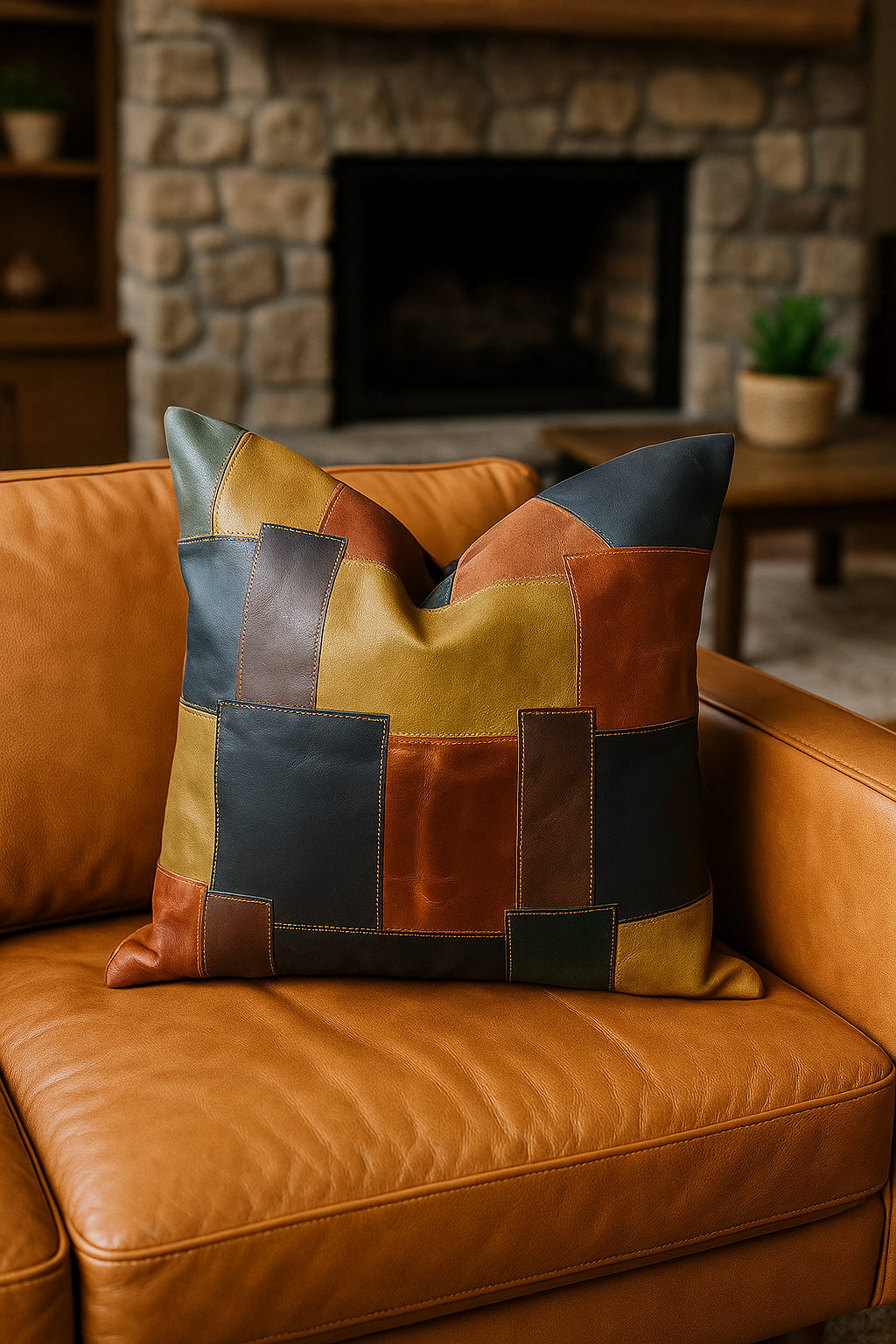 Handcrafted patchwork leather cushion cover in earthy tones - Life of Squares design by Boho Eclectica
