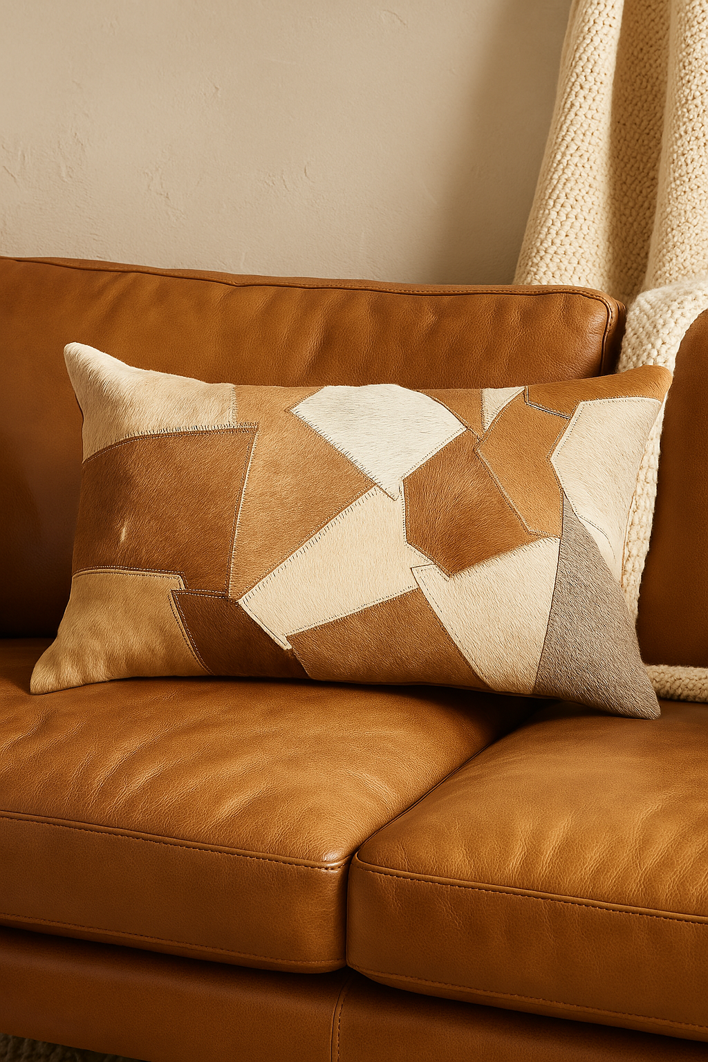 Rectangular lumbar cushion cover made from natural, undyed cowhide leather in a brown and cream patchwork pattern.