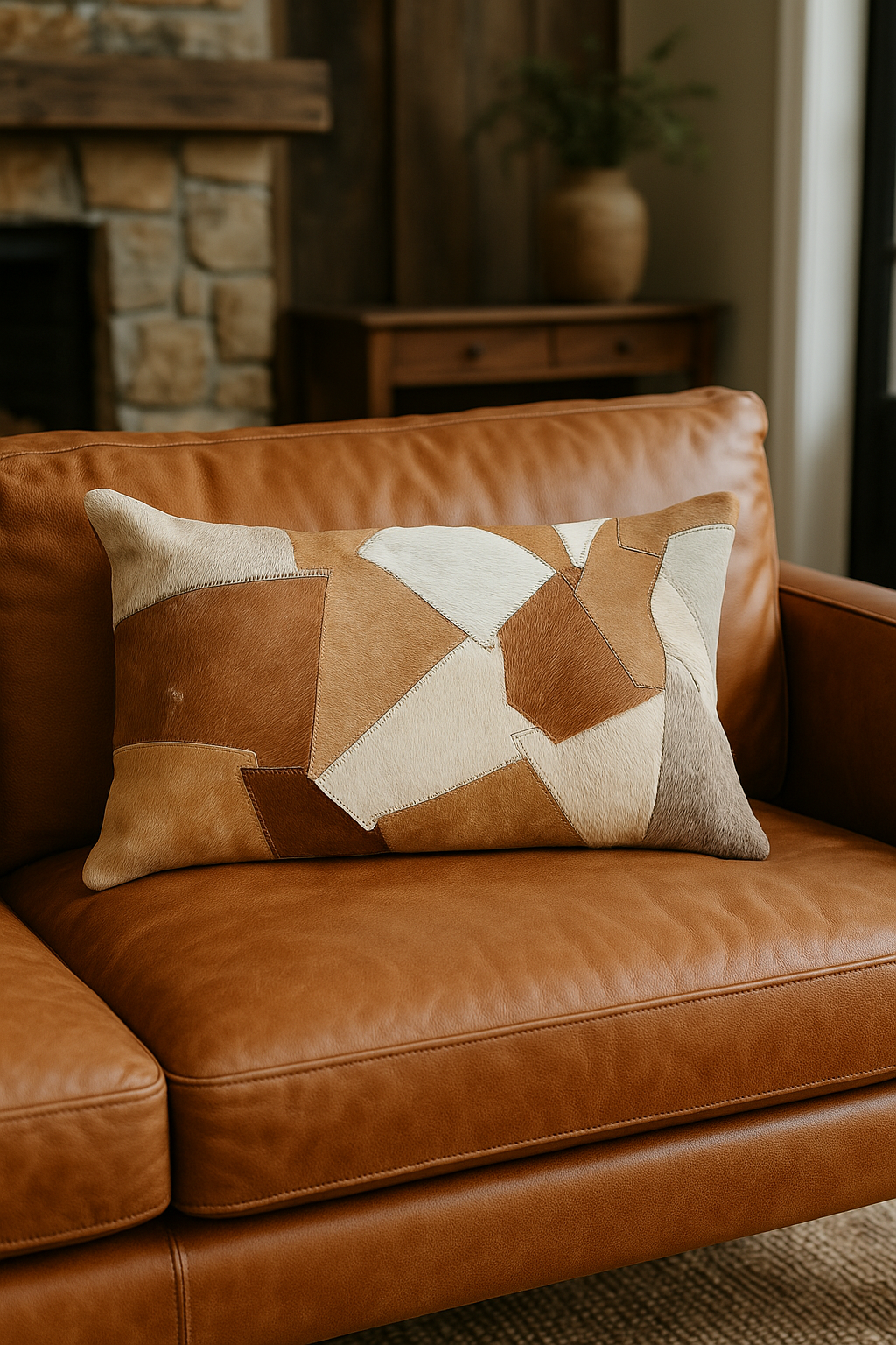 Genuine cowhide accent pillow with a rustic patchwork design featuring varying shades of tan, brown, and natural fur texture.