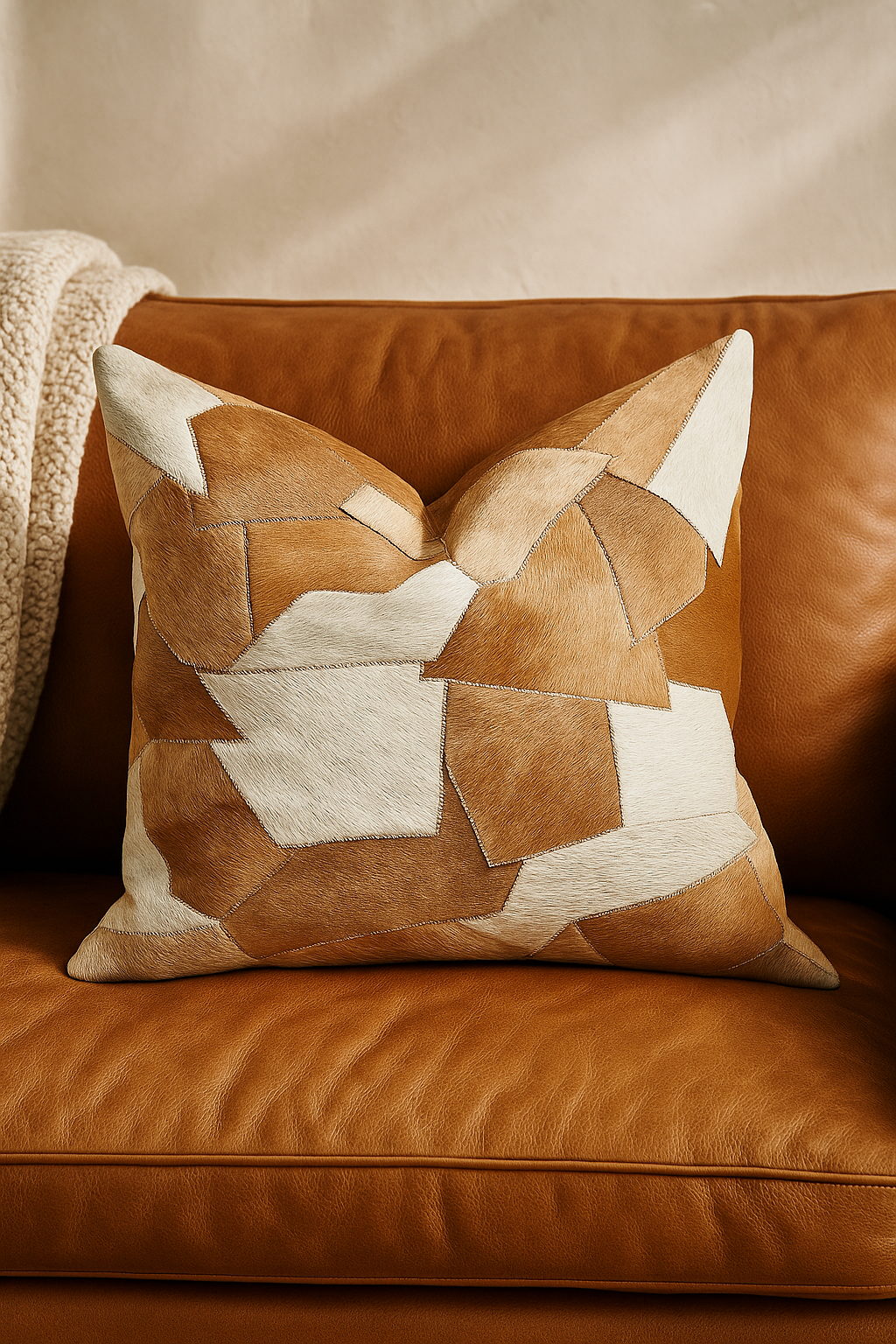 Sahara patchwork cowhide leather cushion cover in natural tan and cream tones - Boho-Eclectica