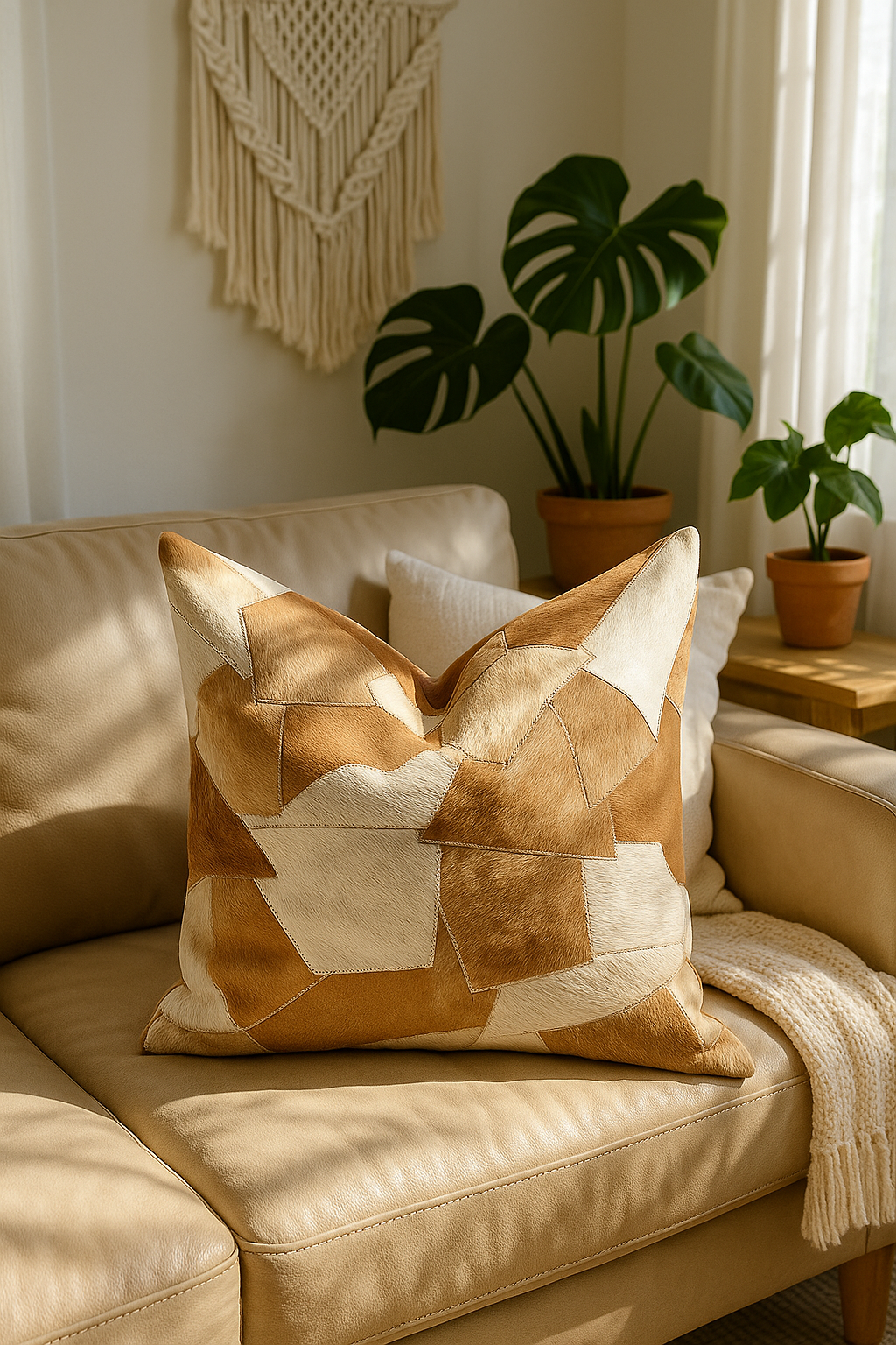 Handcrafted cowhide leather cushion with geometric patchwork design on brown sofa - 60x60cm