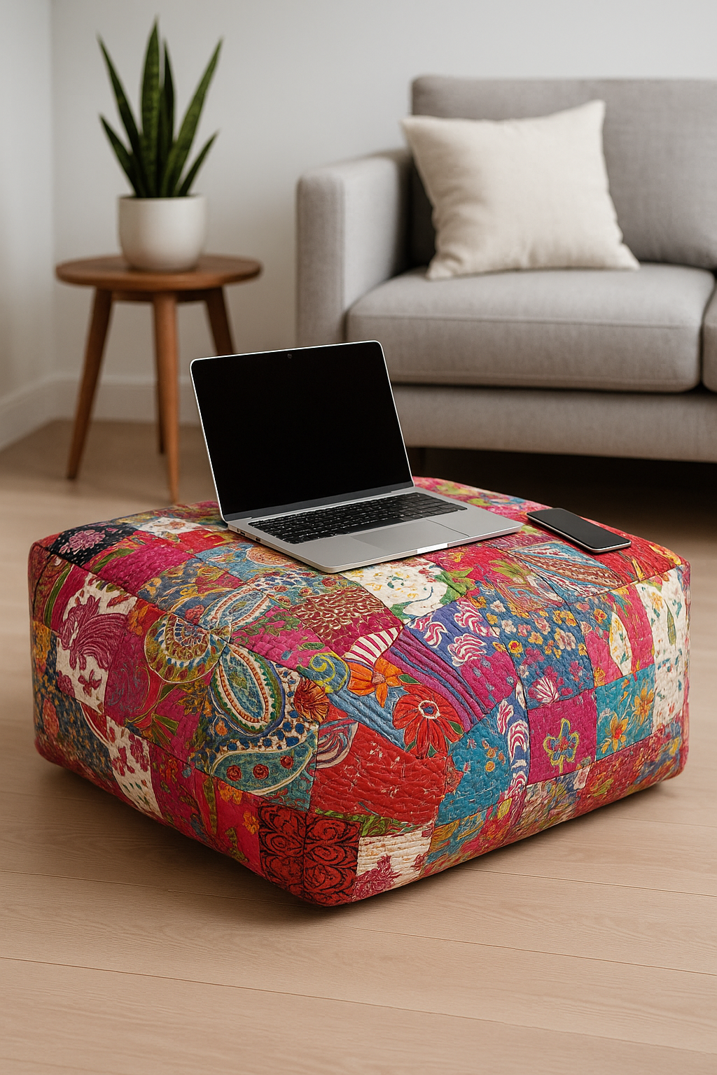 Multicolour Kantha ottoman cover featuring traditional handcrafted patchwork