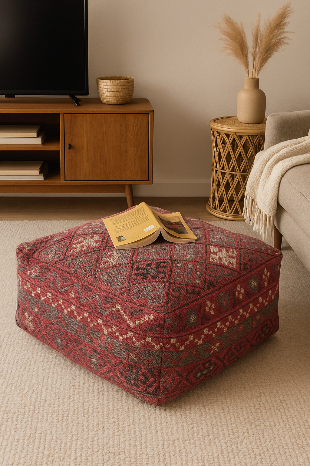 Red Moroccan Kilim Ottoman Cover - Cotton Cushion 60x60x25