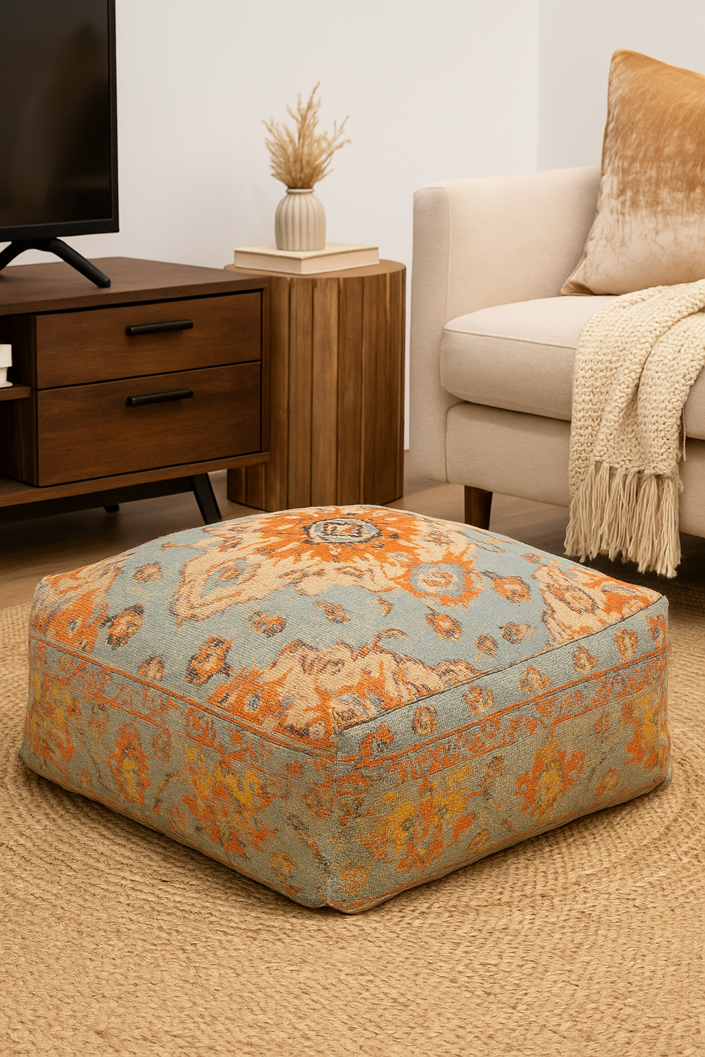 Cyan blue Moroccan cotton Kilim ottoman cushion cover with handmade pattern