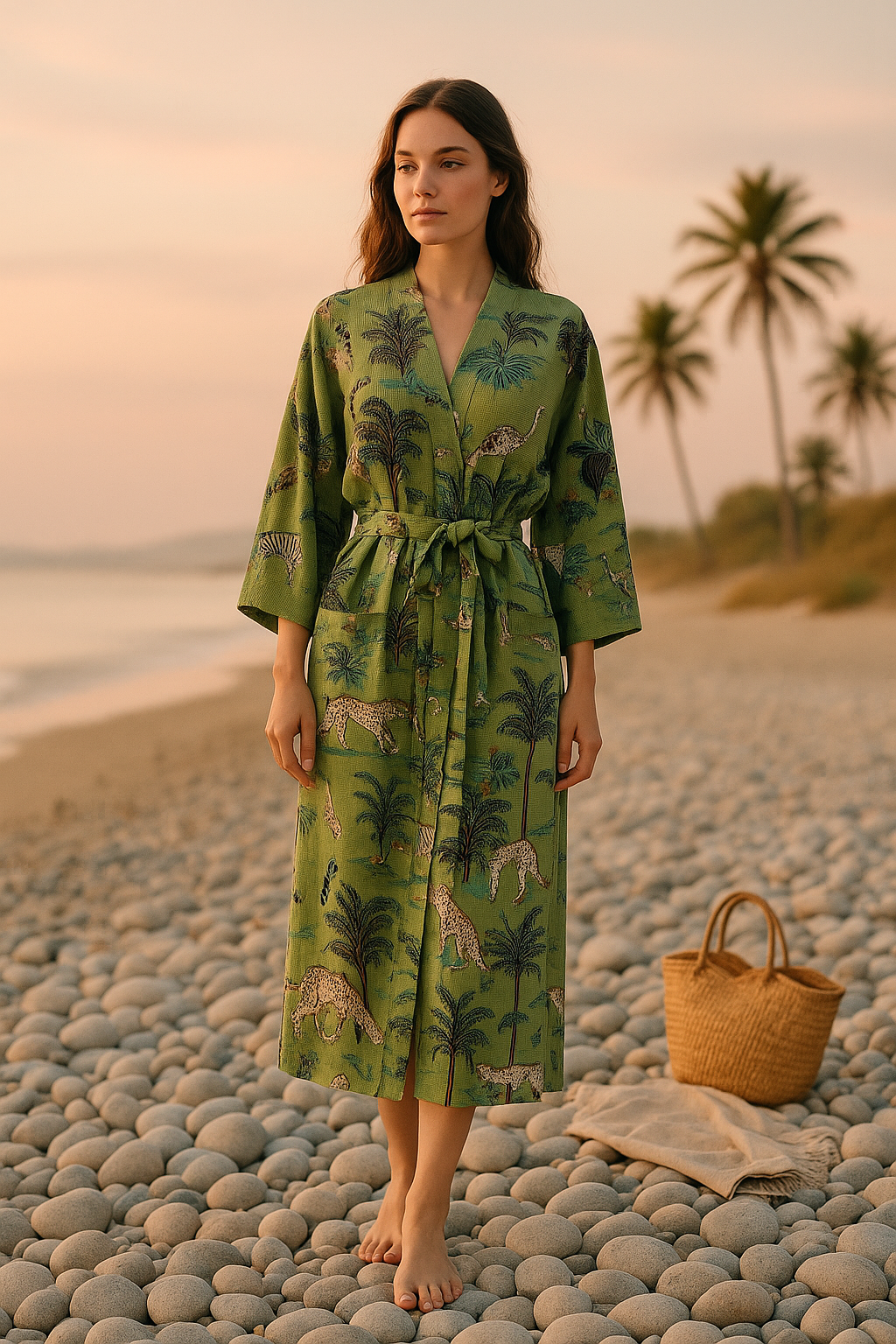 Soft breathable green cotton waffle kimono robe comfortable loungewear