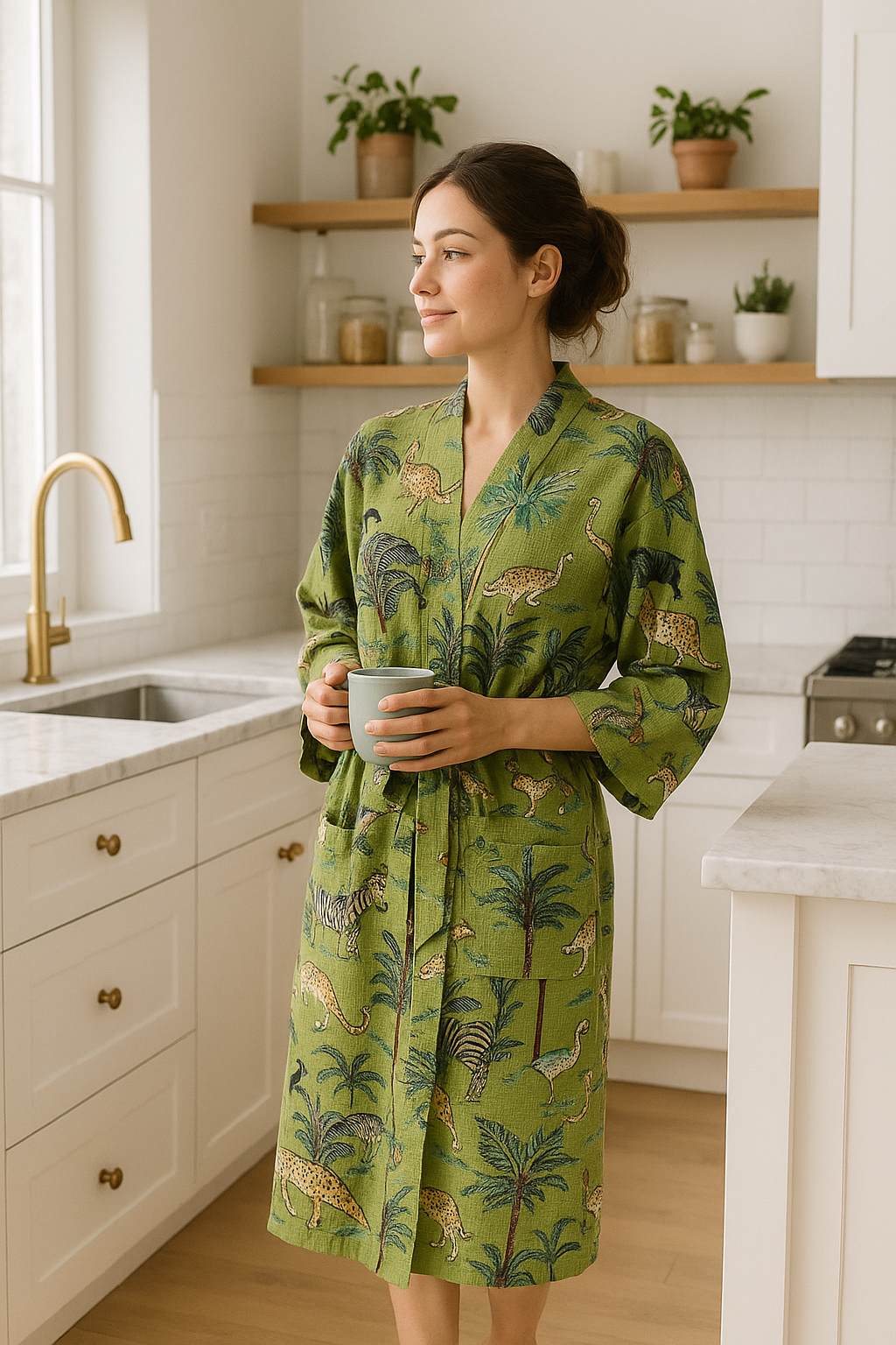 Lightweight cotton waffle kimono robe in green safari shade boho style