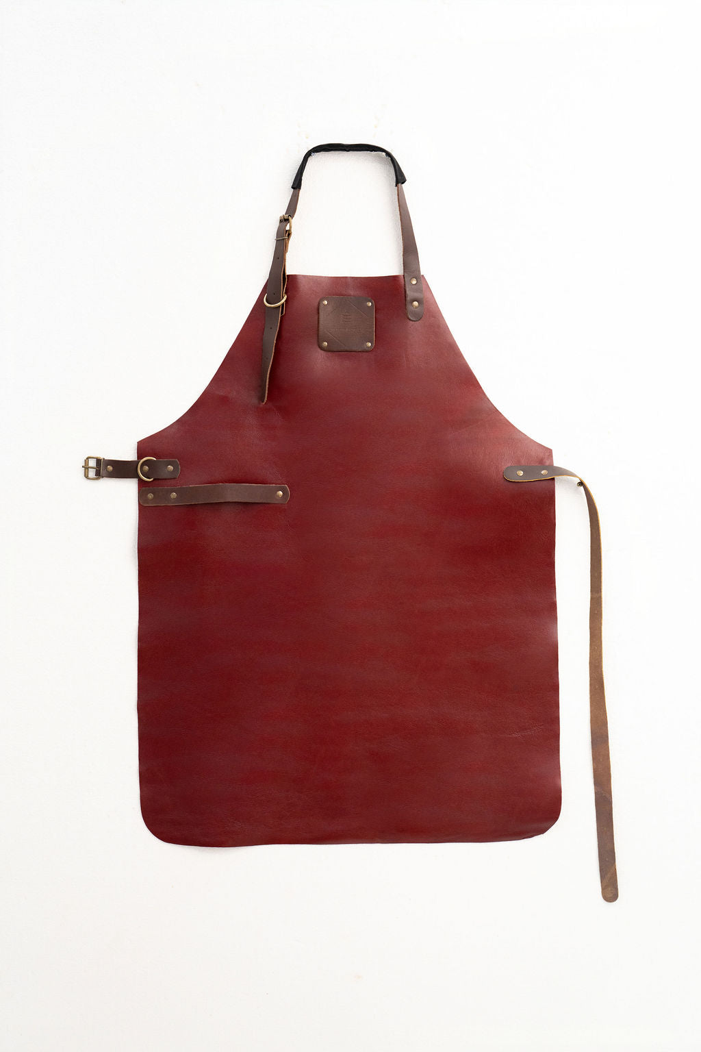 Full length red leather apron for chefs craftsmen and creators