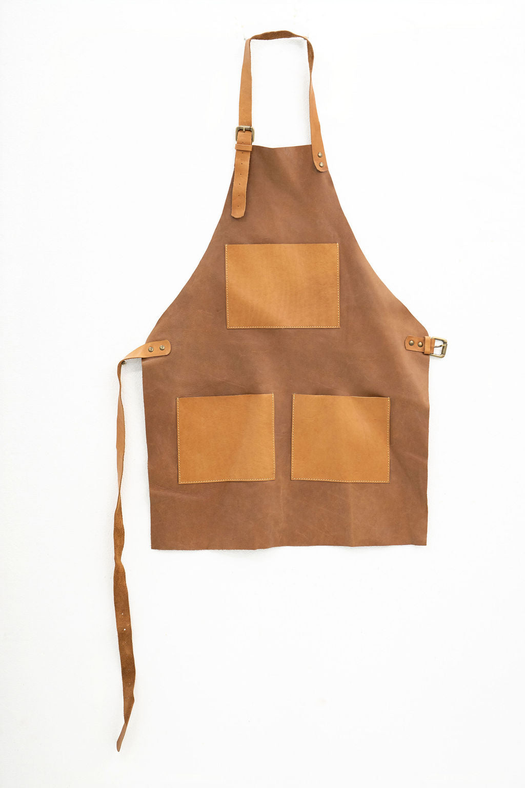 Handcrafted tan leather apron compact size with front pockets