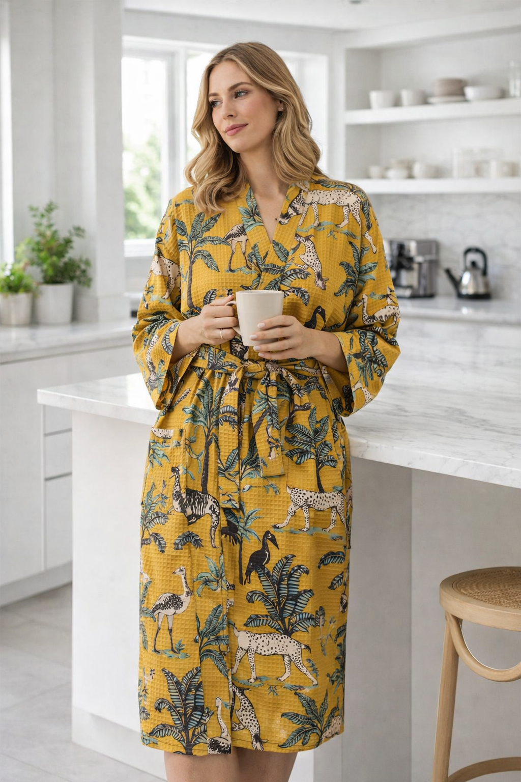 Mustard cotton waffle kimono robe safari style dressing gown