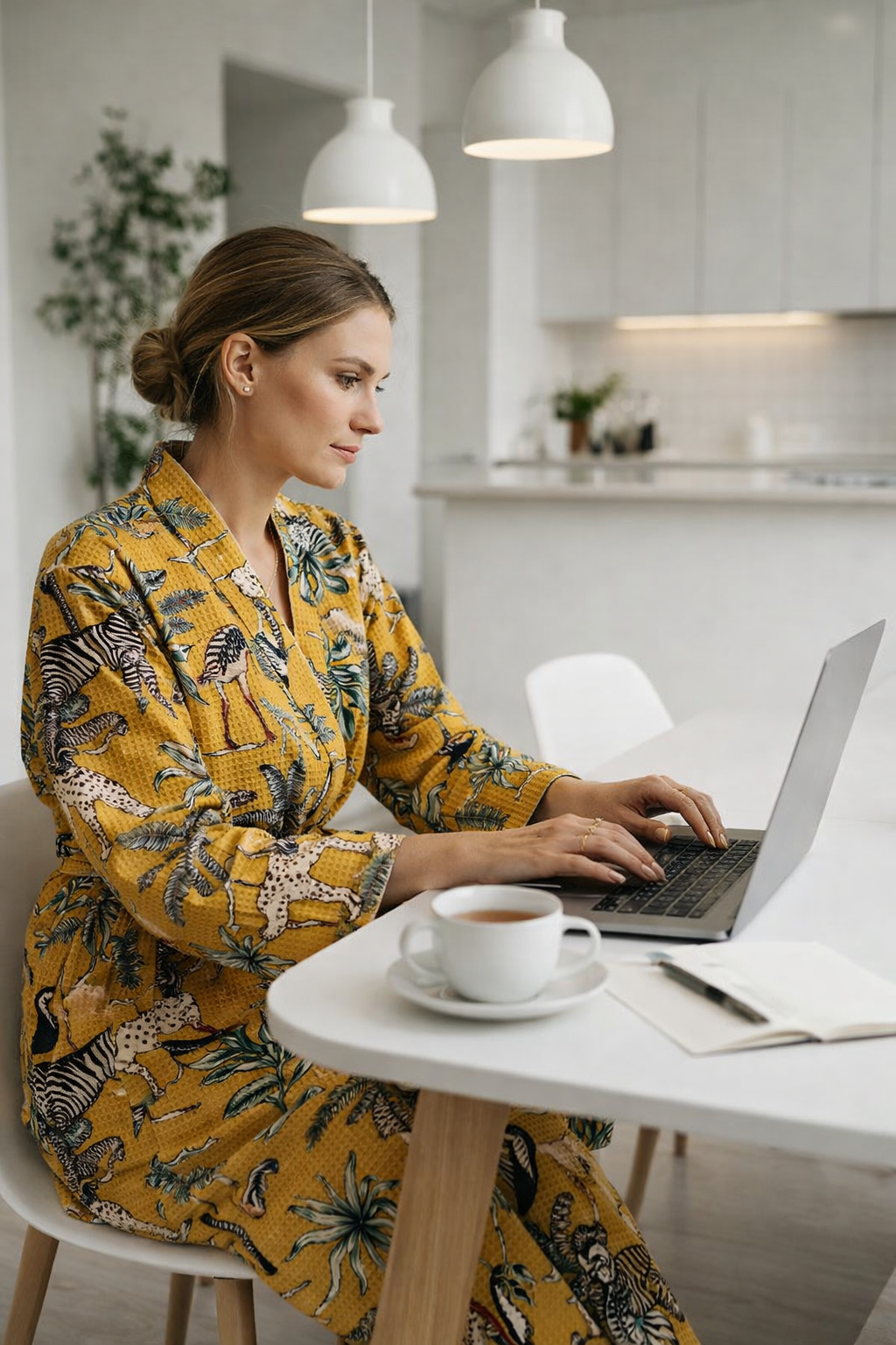 Woman wearing mustard cotton waffle kimono robe for relaxed home lounging