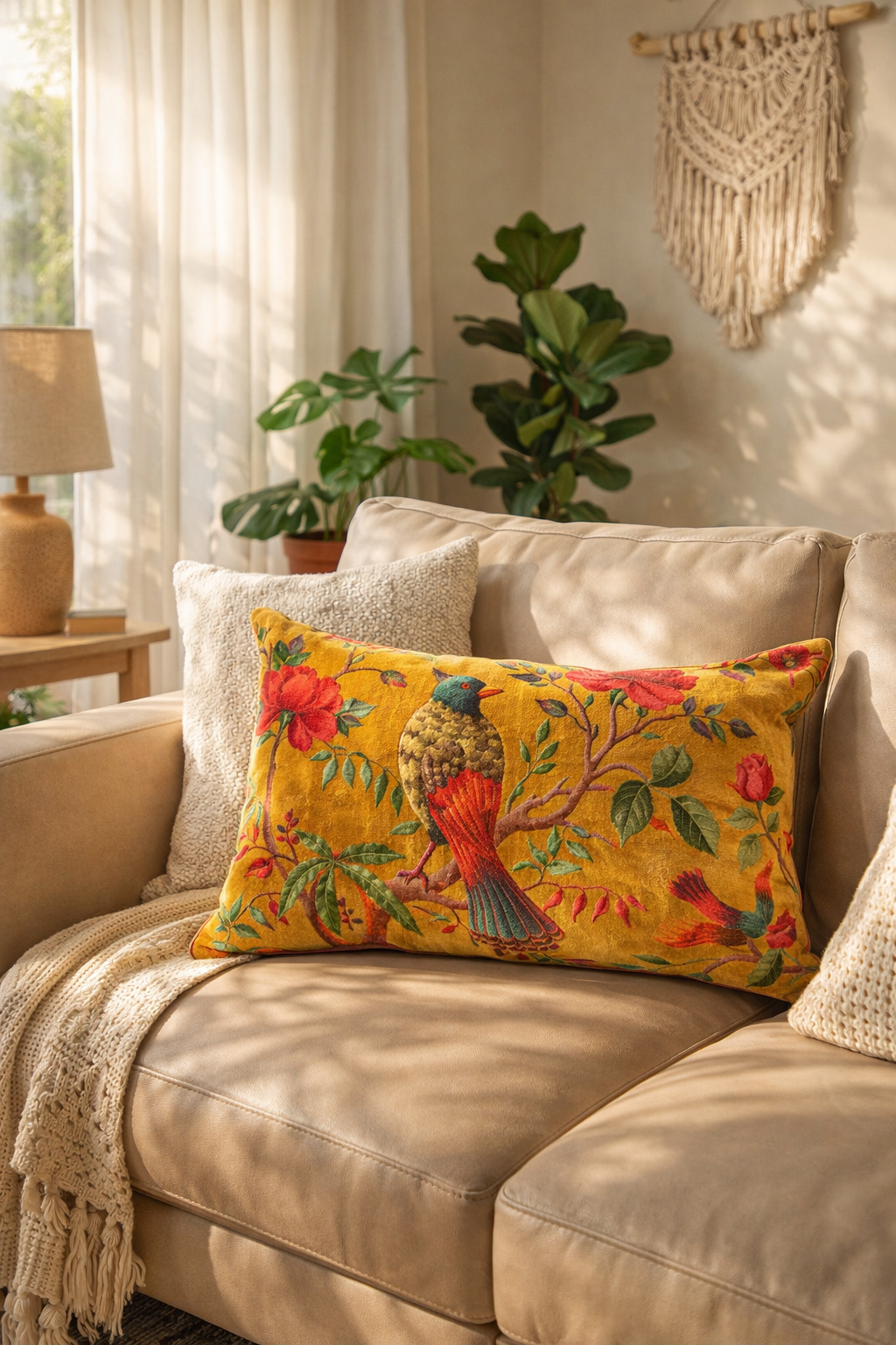 Boho style bird mustard lumbar cushion cover made from cotton velvet